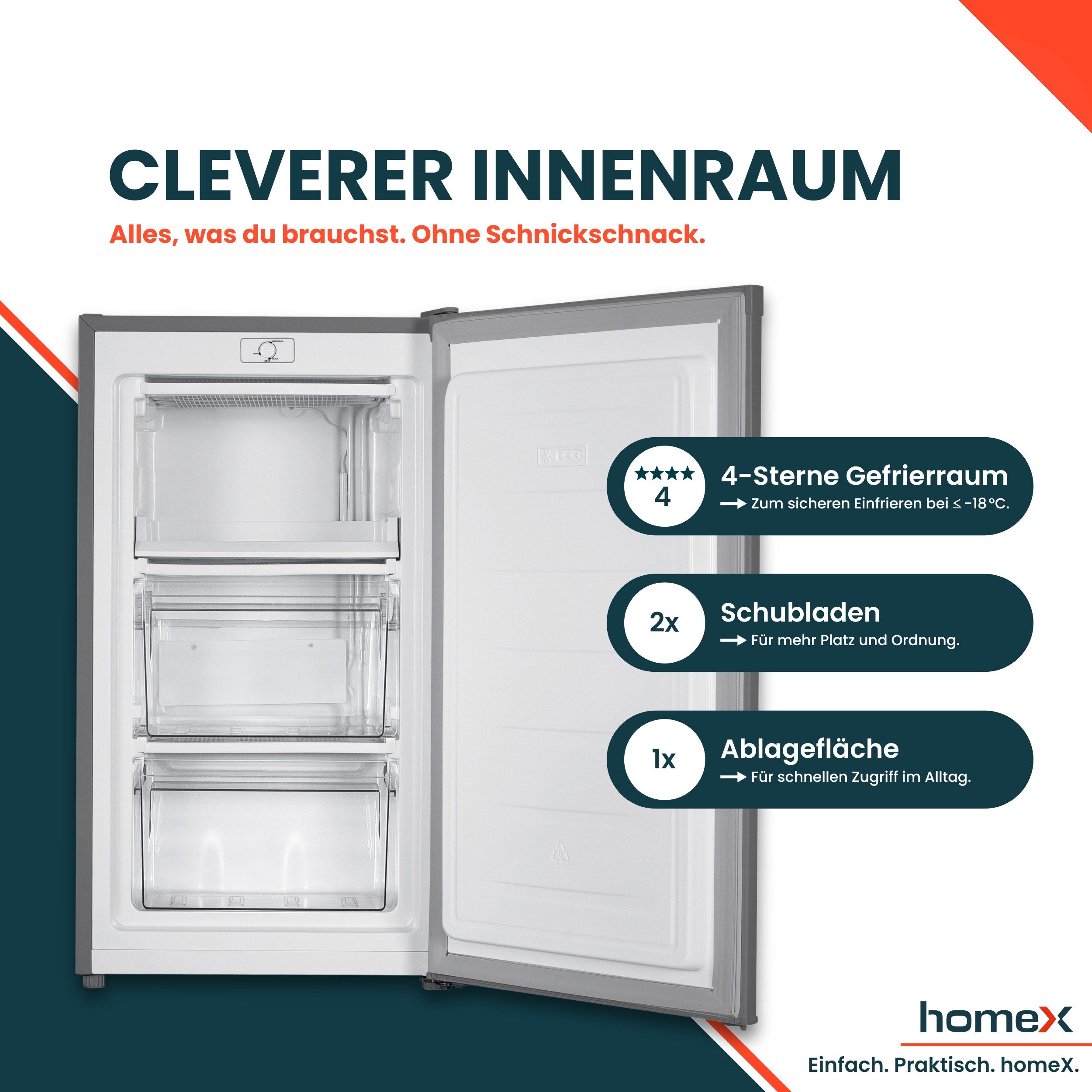 homeX Gefrierschrank FS1016-S, 85 cm hoch, 47.5 cm breit, 60 Liter, Tiefkühlschrank klein, Freezer, 4-Sterne Gefrieren, leise