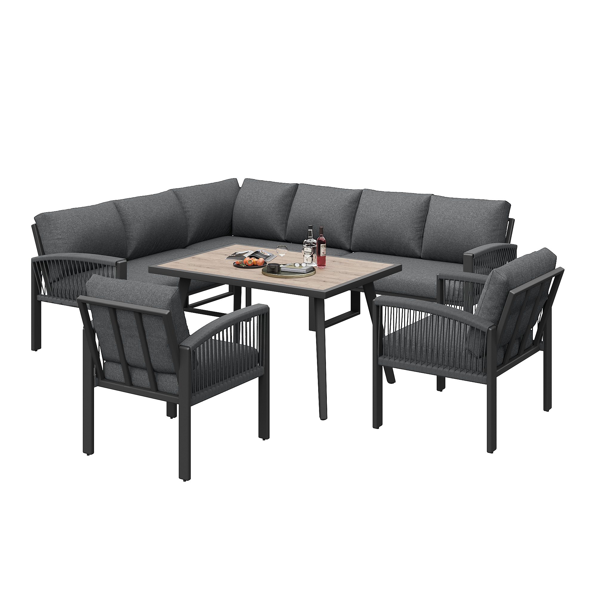 OKWISH Gartenlounge-Set mit verzinktem Eisengestell, (für 8 Personen,mit Seilarmlehnen, Holzmaserung-Tisch & verstellbaren Beinen für Garten, Terrasse & Balkon, 1-tlg), mit Relaxfunktion