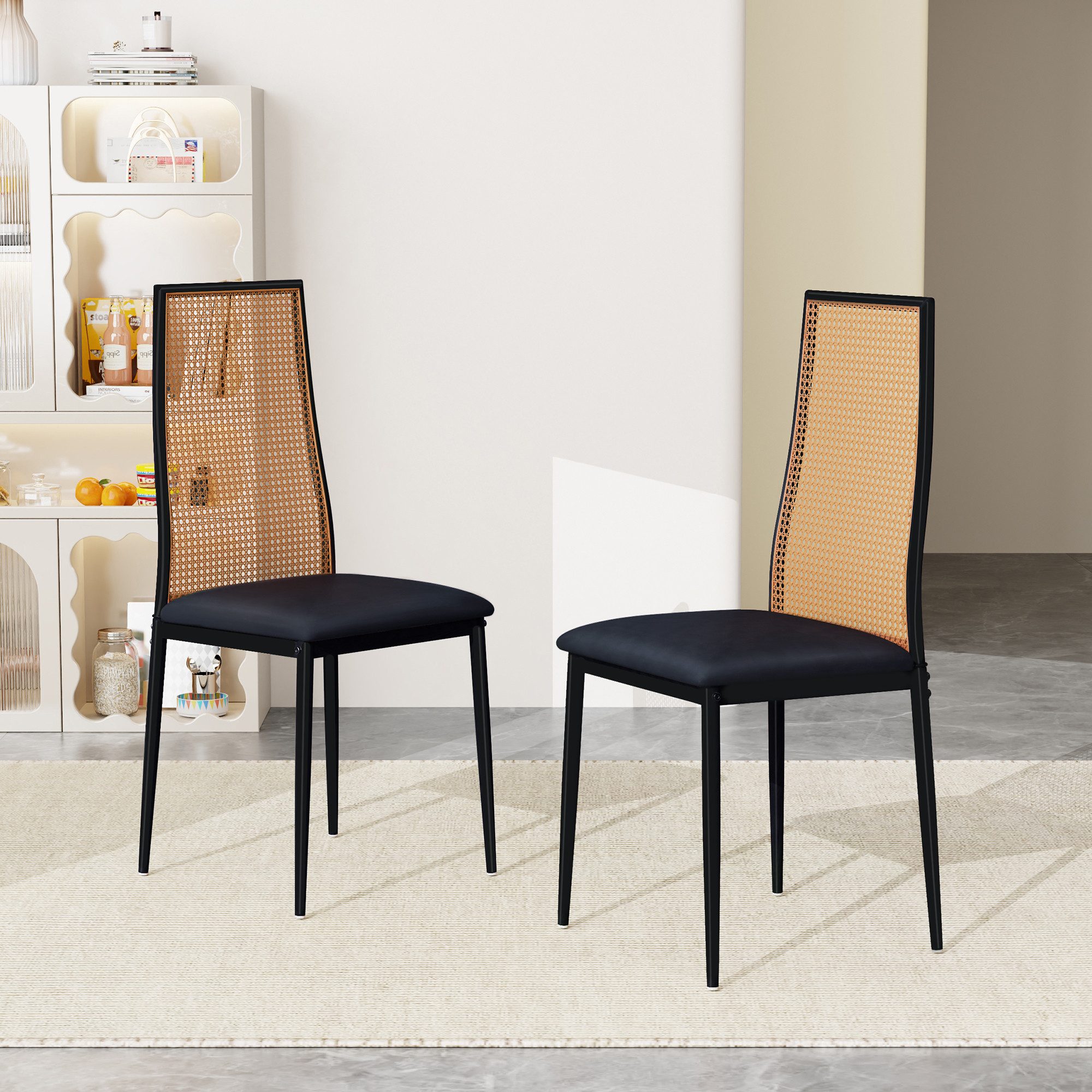 Furnishings Home Hochlehner Küchenstühle mit Rattan-Rückenlehne (Set, 2 St) (2 St), Kunstleder,2er Set,Schwarze Beine