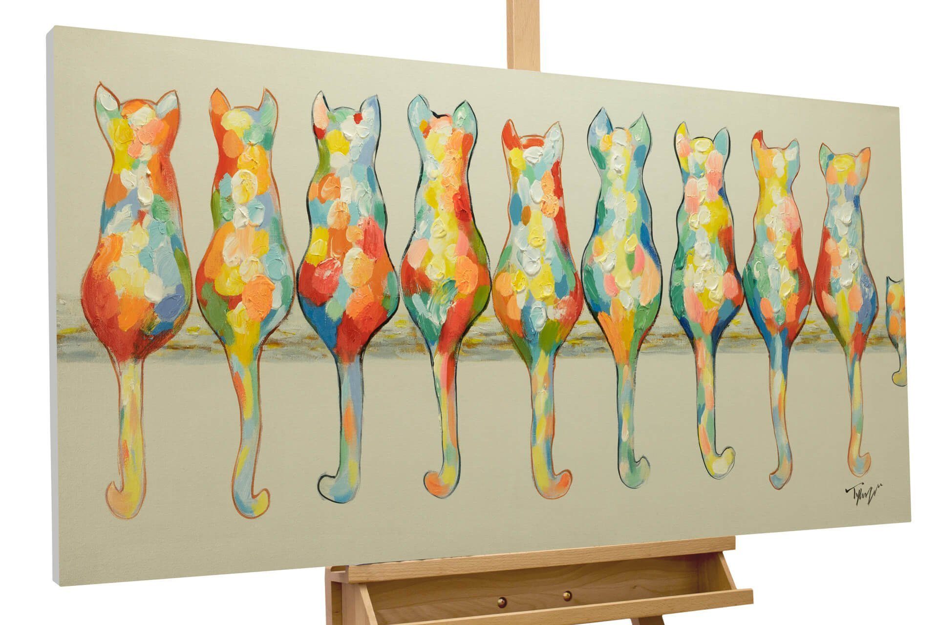 KUNSTLOFT Gemälde A Pride of Housecats 120x60 cm, Leinwandbild 100% HANDGEMALT Wandbild Wohnzimmer
