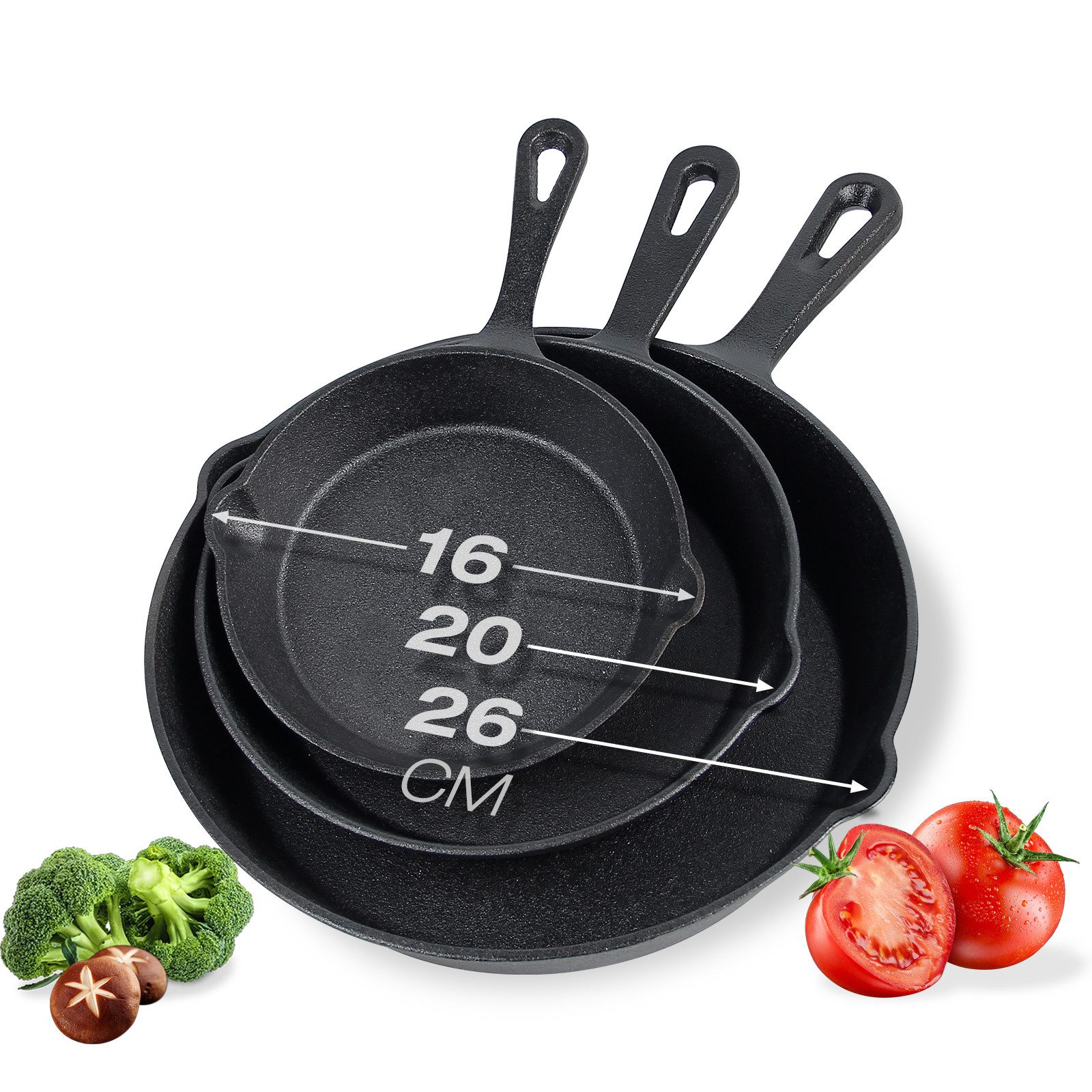 HOMELUX Pfannen-Set Gusseisenpfanne Ø16/20/26/30cm Bratpfanne Gusseisen Induktion Antihaft, Gusseisen (Gusseisenpfannen-Set, 3-tlg., 3x Gusseisenpfanne 16/20/26 cm), Alle Herdarten Ofen & Grill geeignet, Voreingebrannt