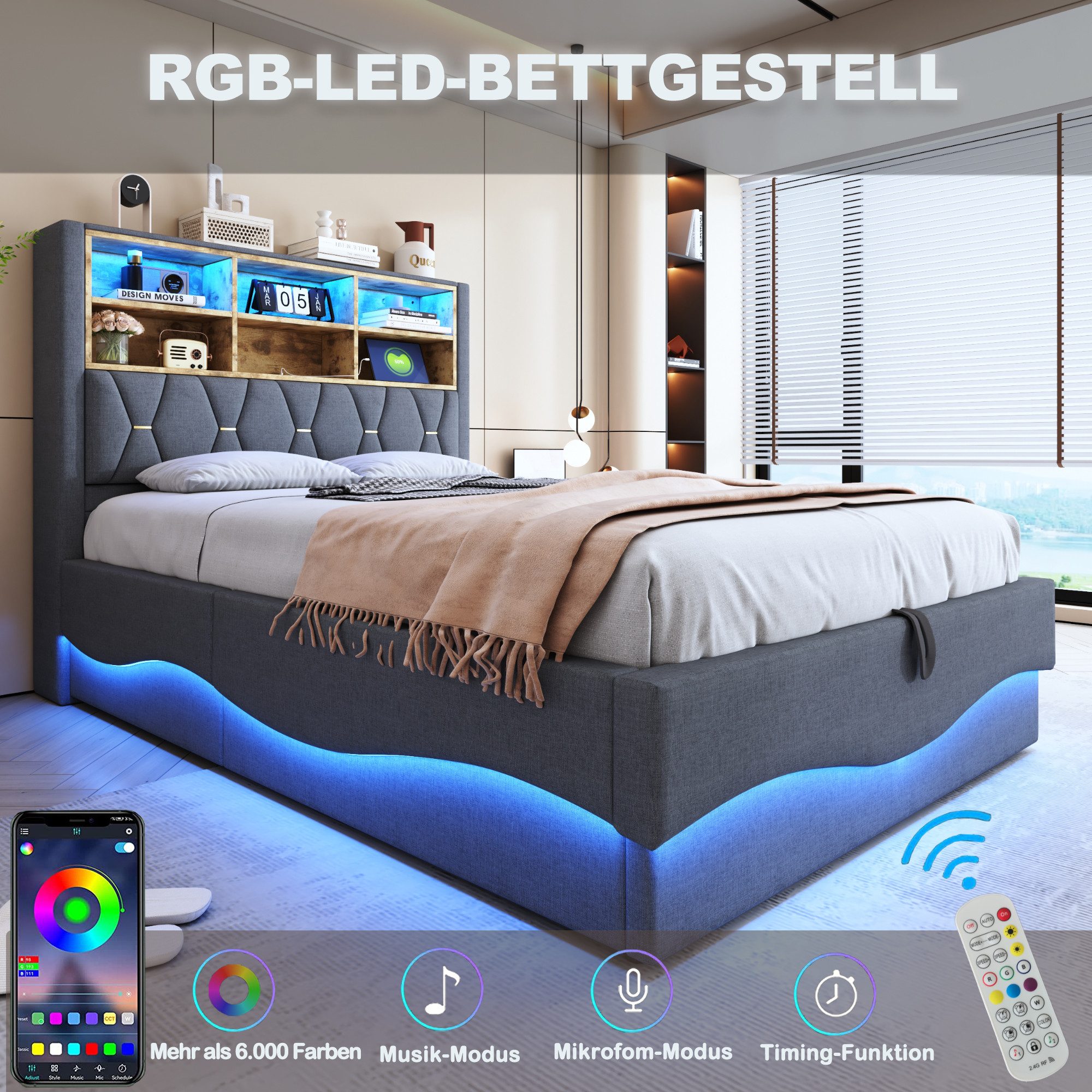 REDOM Polsterbett mit smartem LED-Lichtband per günstig online kaufen