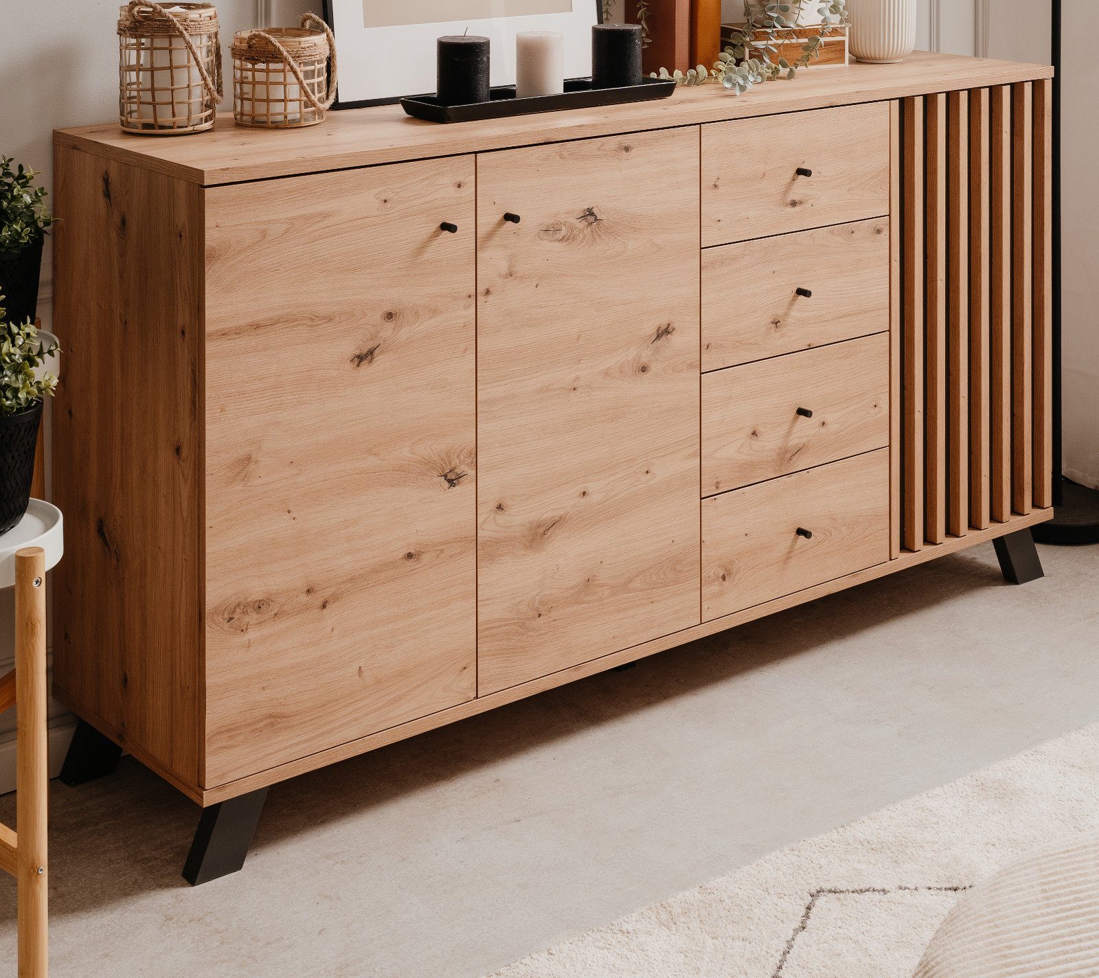 Furn.Design Sideboard Madem (Kommode in Eiche Artisan Dekor, 3-türig, 160 x 85 cm), mit echten Lamellen