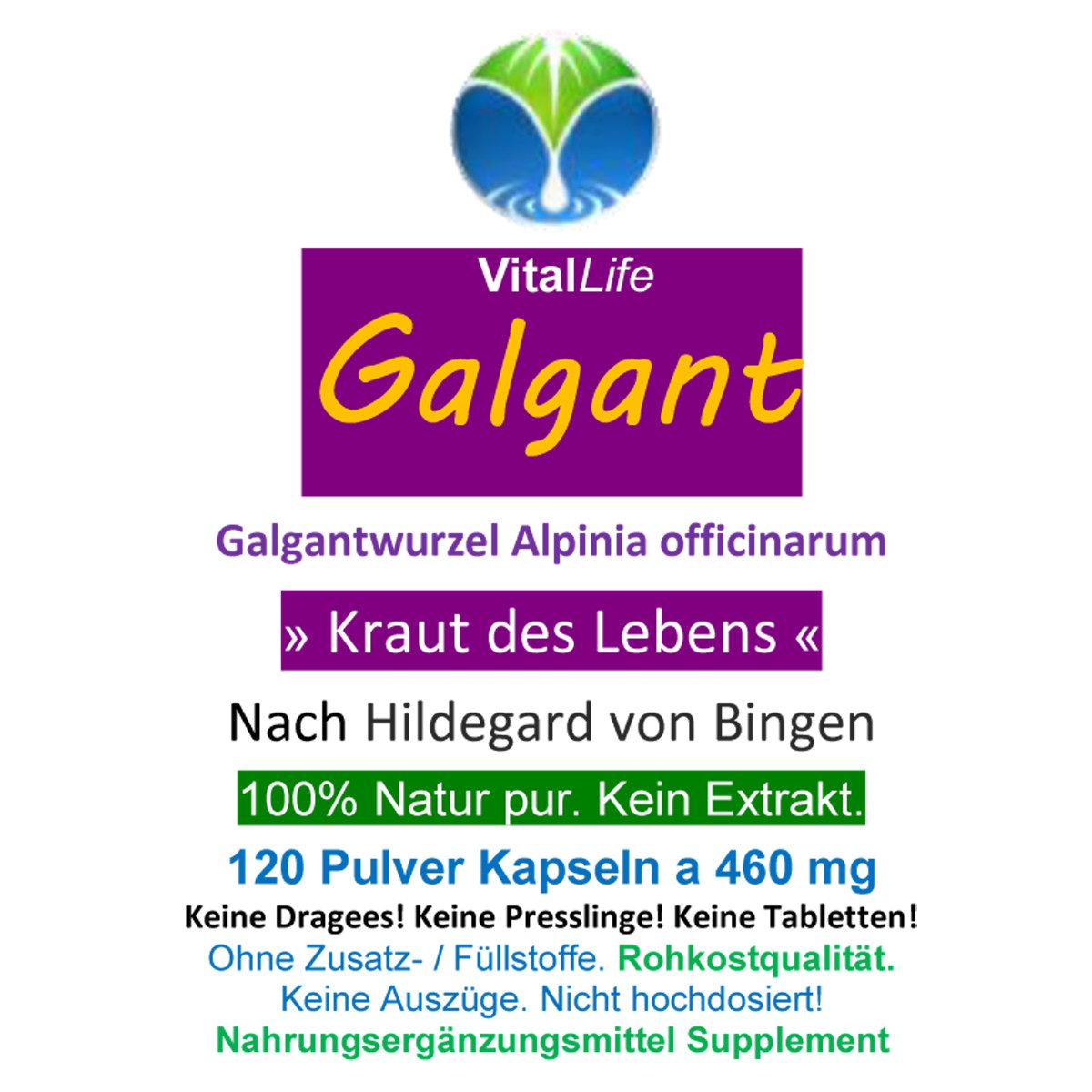 VitalLife Galgant Galgantwurzel Bitterstoffe nach Hildegard von Bingen Kapseln, 1 er Dose à 120 St., 55,2 g, Art. 26875-120