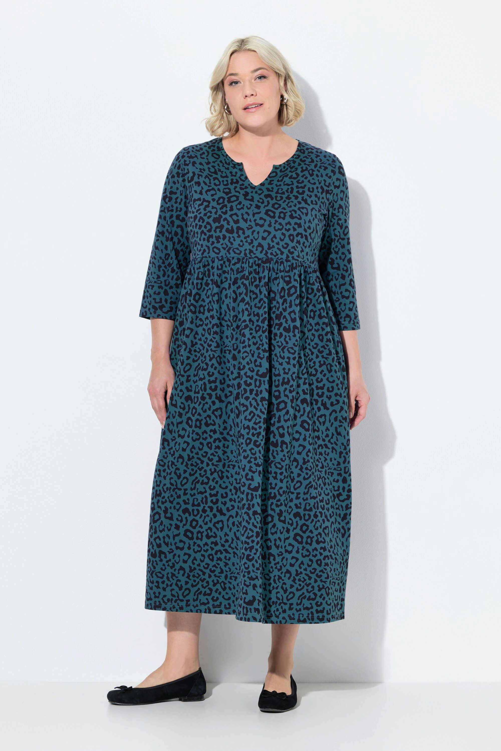 Ulla Popken Maxikleid Jerseykleid A-Linie Tunika-Ausschnitt 3/4-Arm günstig online kaufen