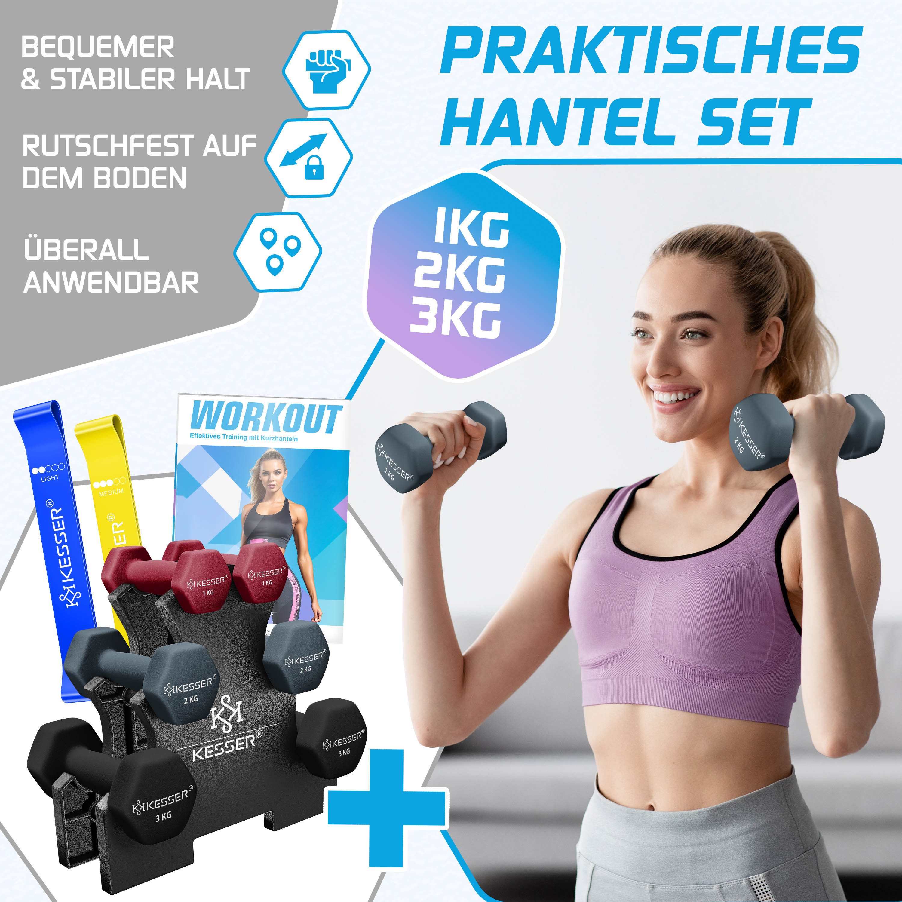 KESSER Hantel-Set, (12 kg Set 2 x (1+2+3), Kurzhantel Gymnastikhanteln mit Ständer Aufbewahrung