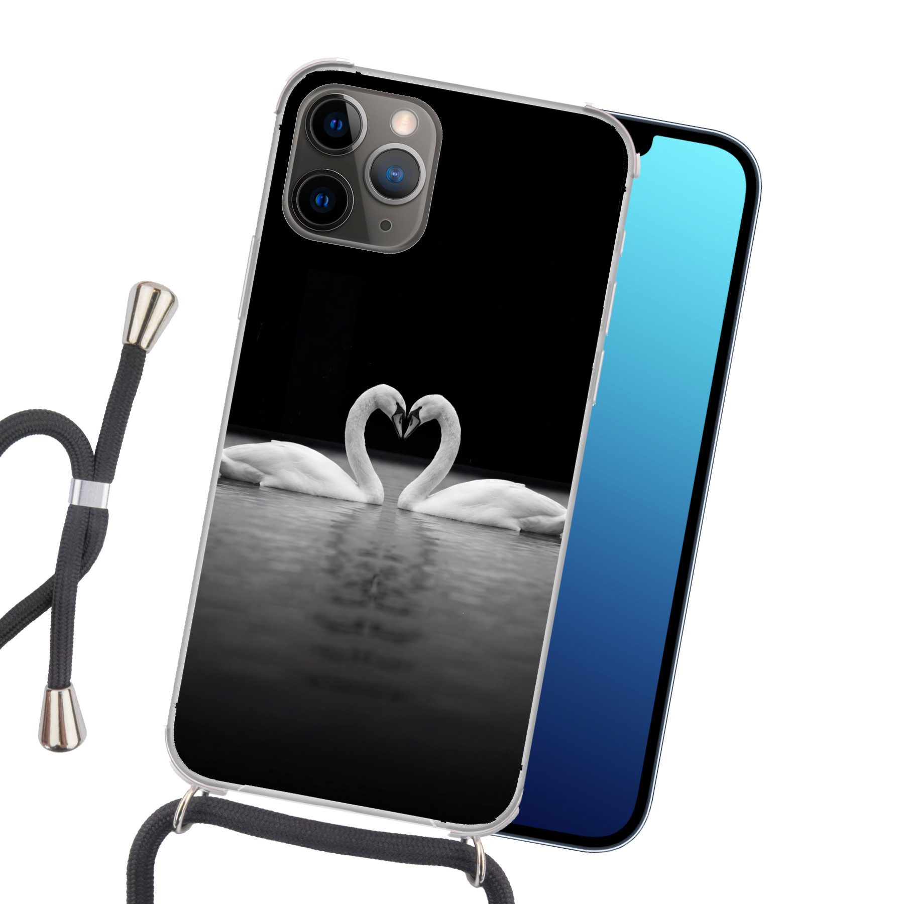 MuchoWow Handyhülle für Apple iPhone 12 Pro Schwäne - Herz - Schwarz - Weiß, Tragbare Handyhüllen mit Kette zum umhängen, Handykette Handyband