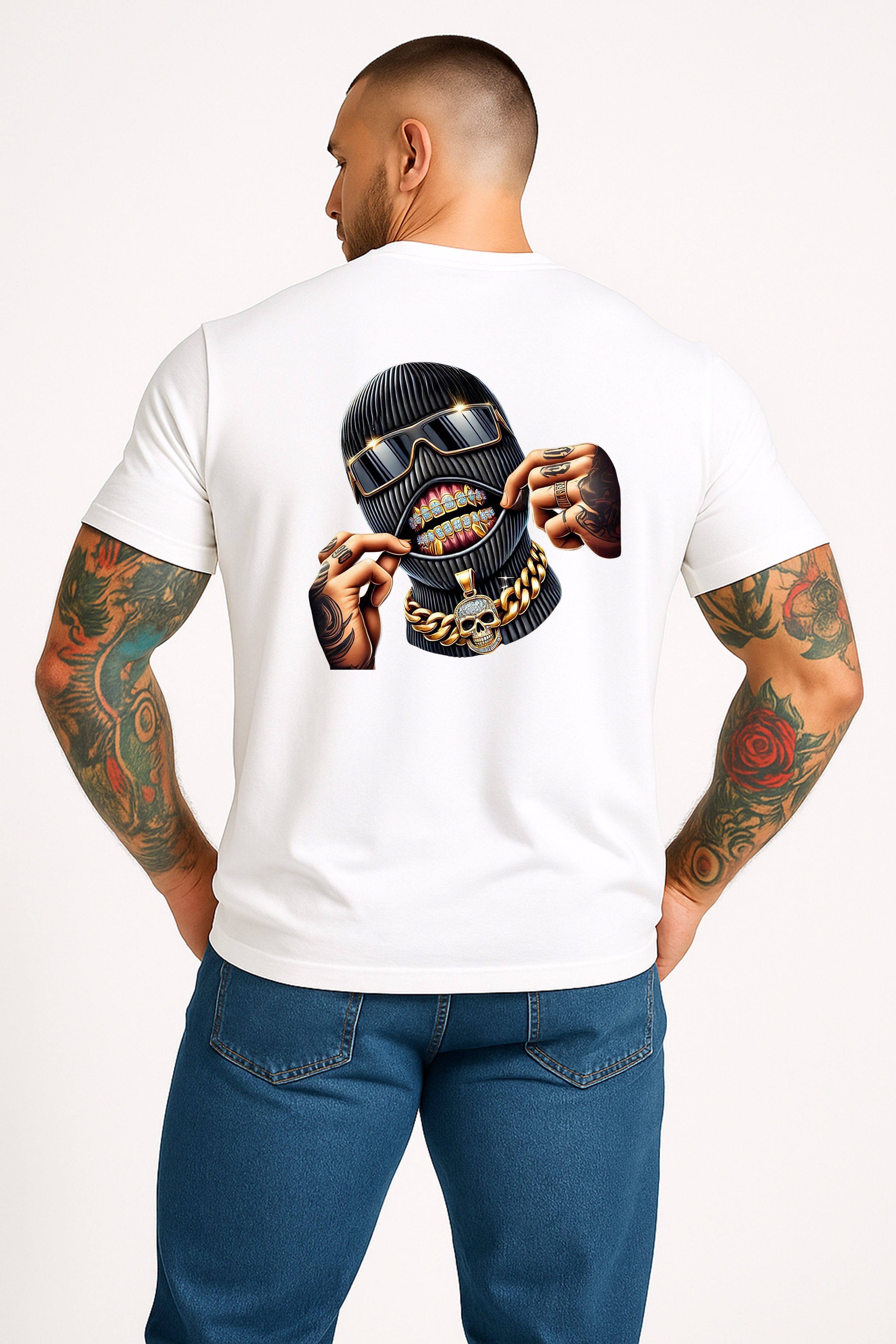 Banco T-Shirt Herren Smile Goldkette Totenkopf -Streetwear Rundhals Kurzarm Sommer Hochwertiger Print, auffälliges Motiv für individuelle Looks