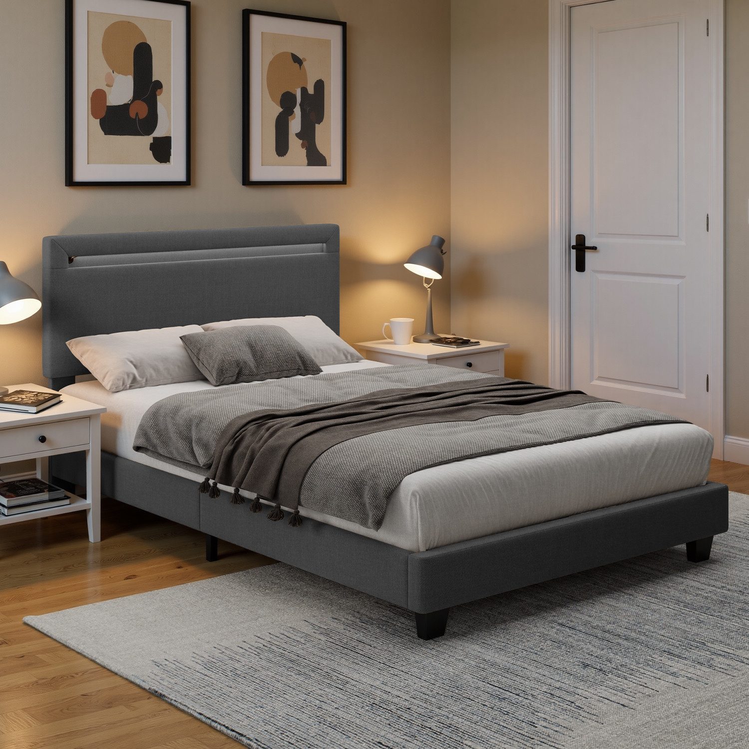 Bealife Polsterbett lsterbett Einzelbett,Bettgestell mit Kopfteil, Lichtleiste (2 Modelle (90x200, 120x200)