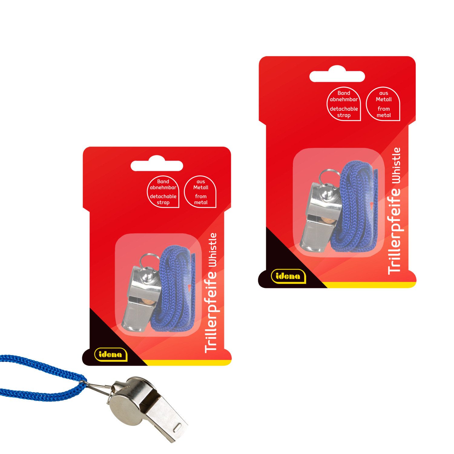 Idena Trillerpfeife Idena 90365 Bundle Trillerpfeife Metall mit abnehmbarem Band 2 Stück