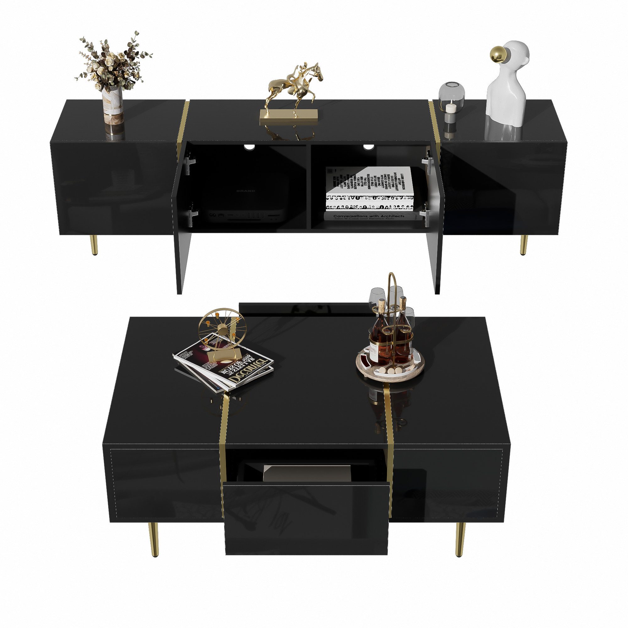 REDOM Wohnzimmer-Set TV-Schrank und Couchtisch Set, (TV-Wandkombination, 2-St., 170*35*46 cm+ 100*60*41,5 cm), mit 4 Türen 2 Schubladen Soft-Close Scharniere