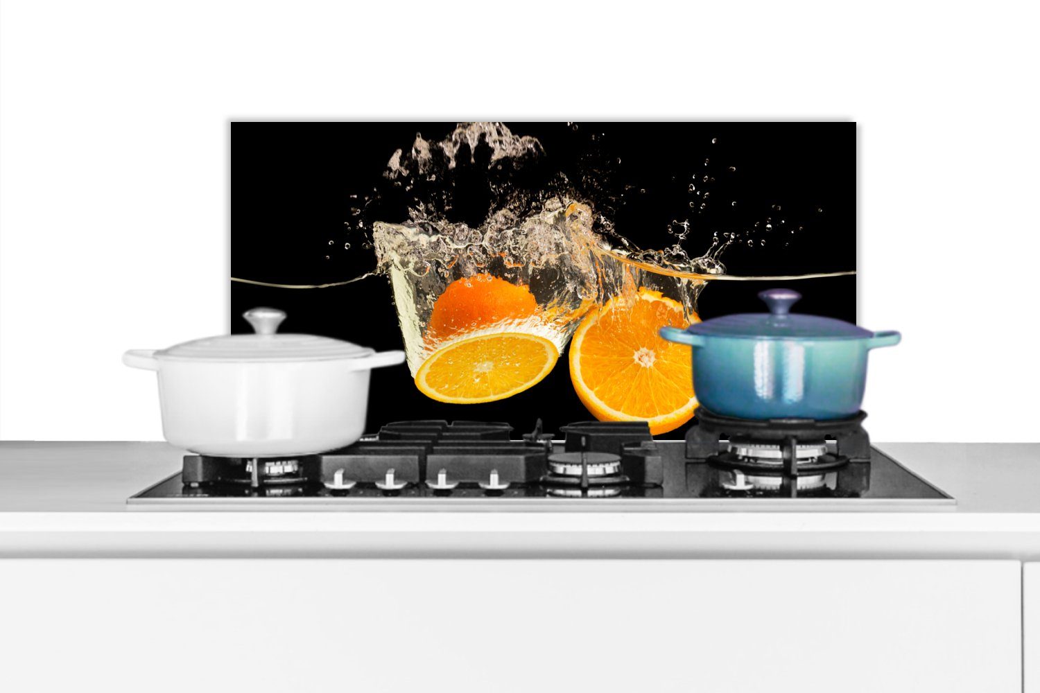 - Stillleben cm, 60x30 - Küchenrückwand Orange (1-tlg), Schwarz - Küchen Wandschutz, Schmutzflecken MuchoWow - Fett Wasser und Obst, für gegen