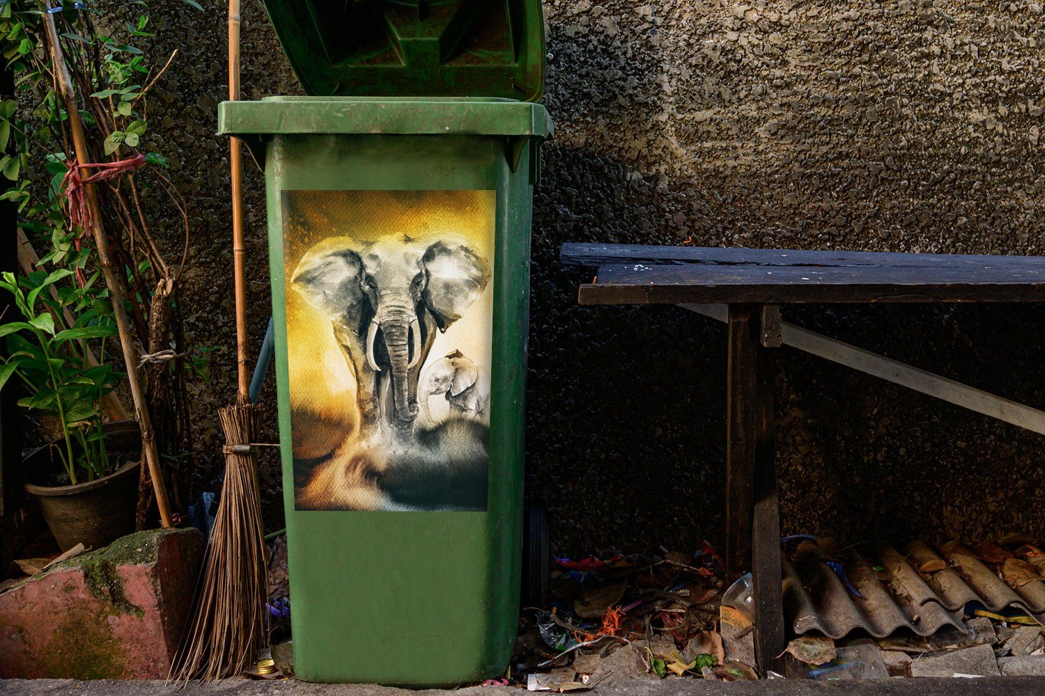 Wandsticker Sticker, - Abfalbehälter Mülleimer-aufkleber, Aquarellfarbe St), MuchoWow Container, Mülltonne, - Gelb Elefant (1