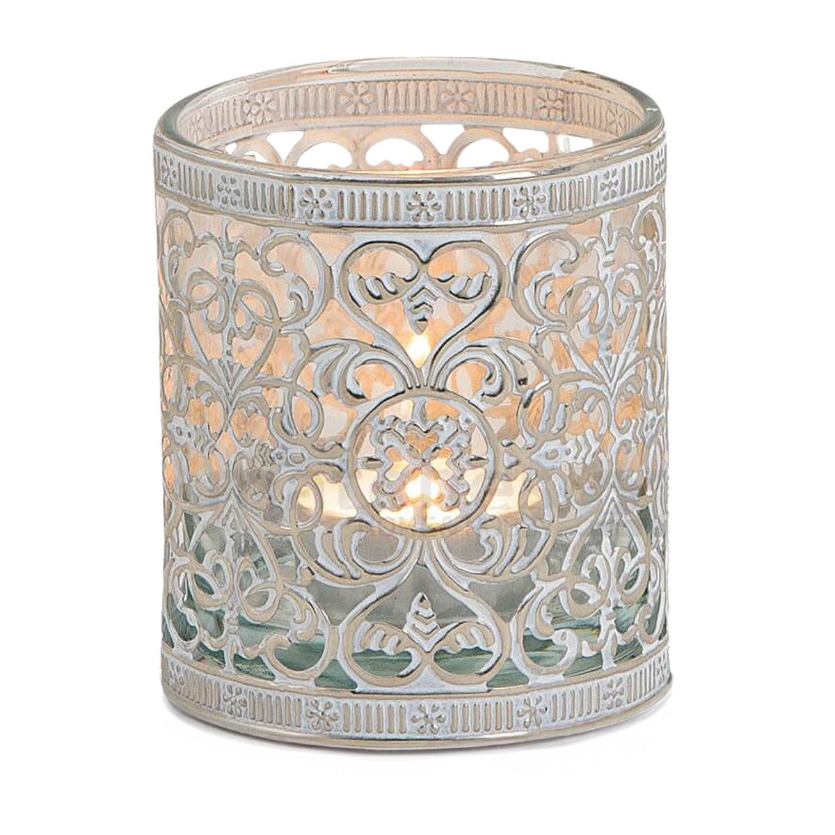 Kerzenhalter Vintage Kerzenglas als Windlicht Laterne silber weiß in 8 x 8 cm