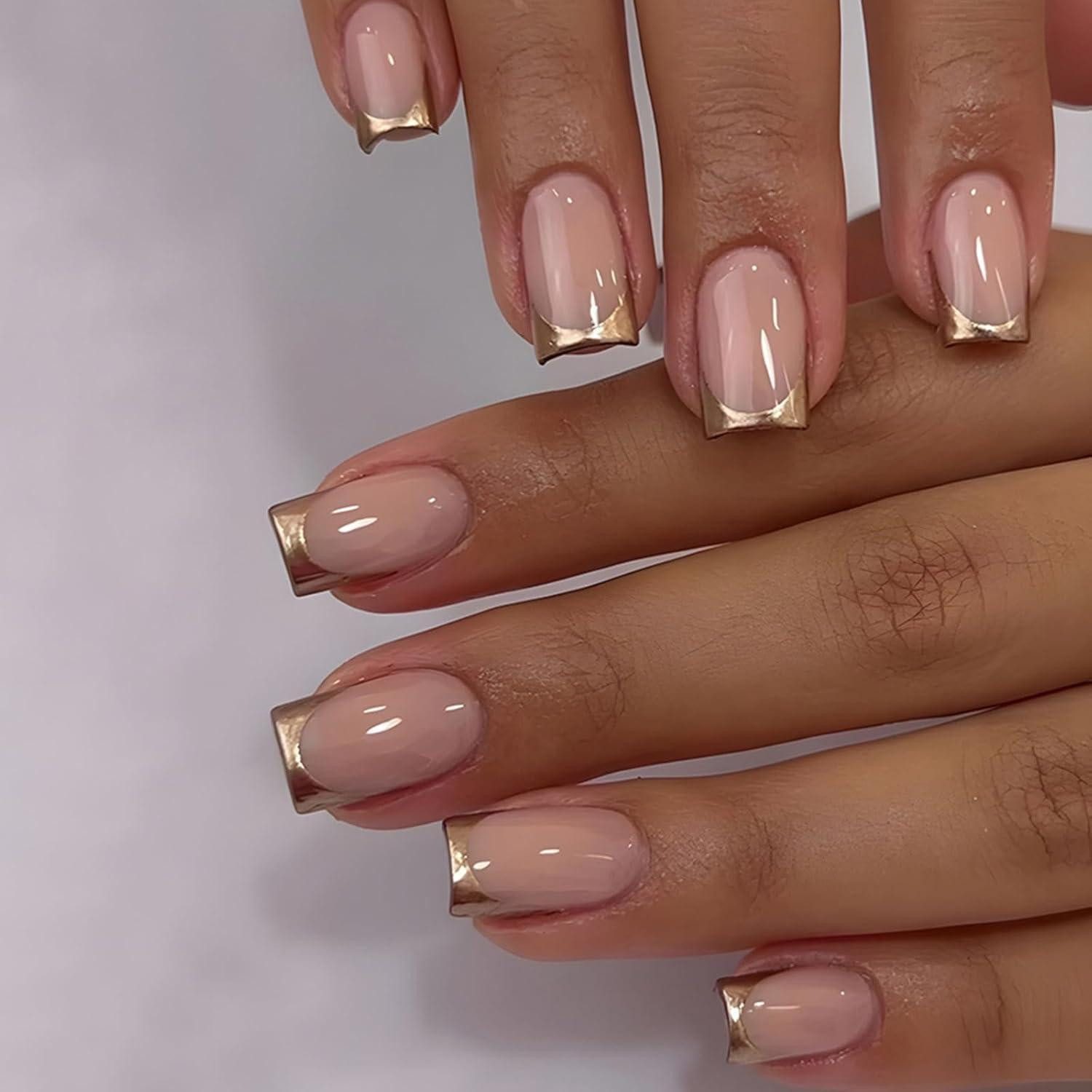 LuxusKollektion Kunstfingernägel Künstliche Nägel Press on Nails Kurz Eckig Acryl Französisch Gold Rand