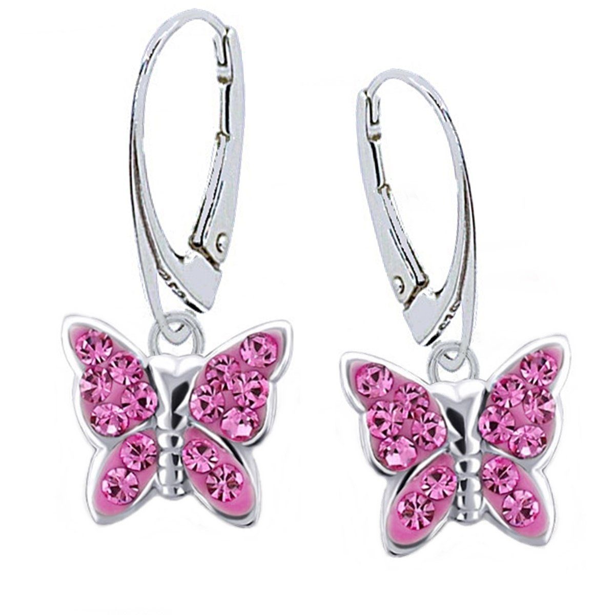 Goldene Hufeisen Paar Ohrhänger Mädchen Kristall Schmetterling Brisur Ohrringe 925 Sterling Silber (1 Paar, inkl. Etui), Damen Kinder Ohrschmuck Rosa