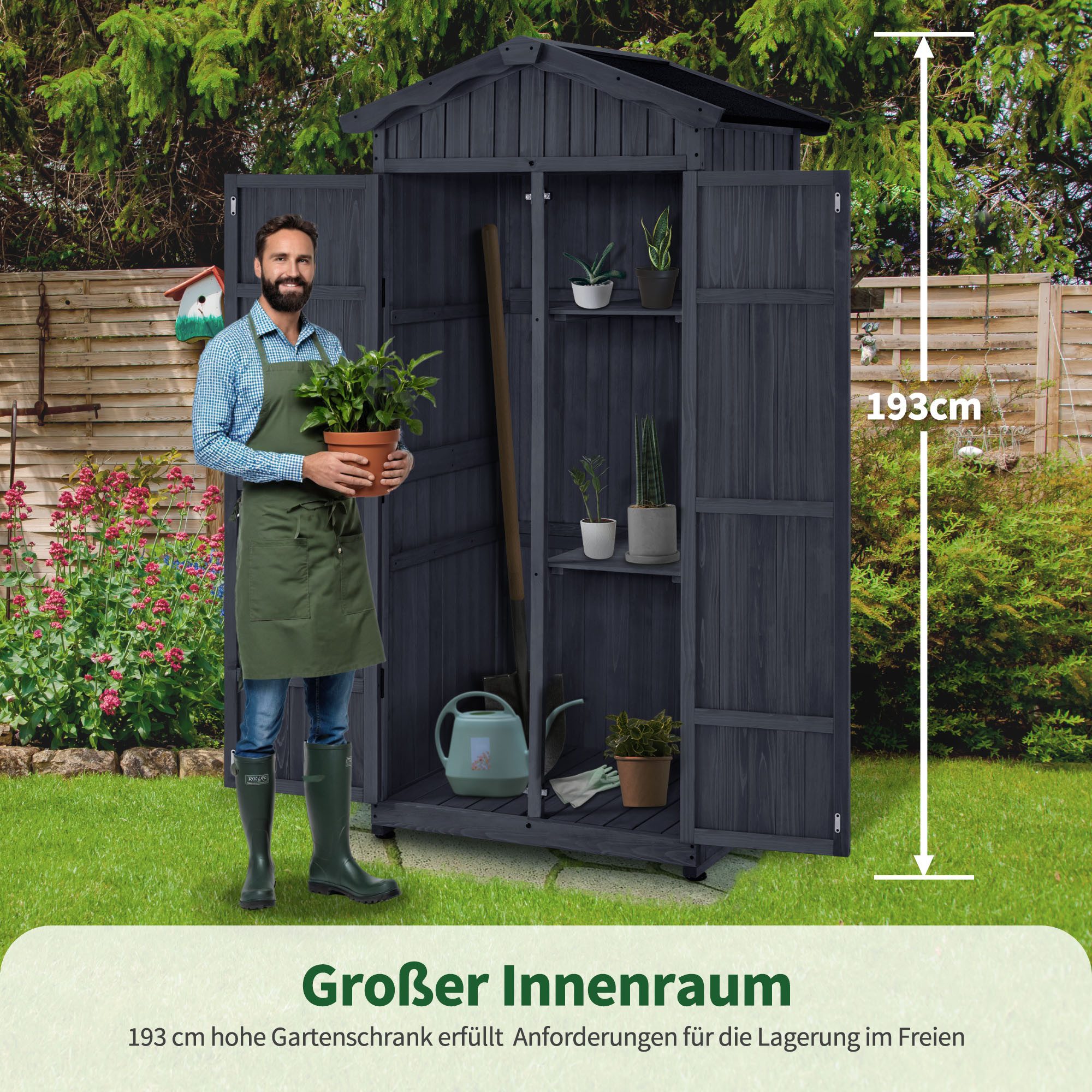MCombo Gerätehaus M MCombo Gartenschrank Gartenhaus Holz 1165GY, Outdoor Wetterfest mi 2 Regale, mit Verschlussriegel