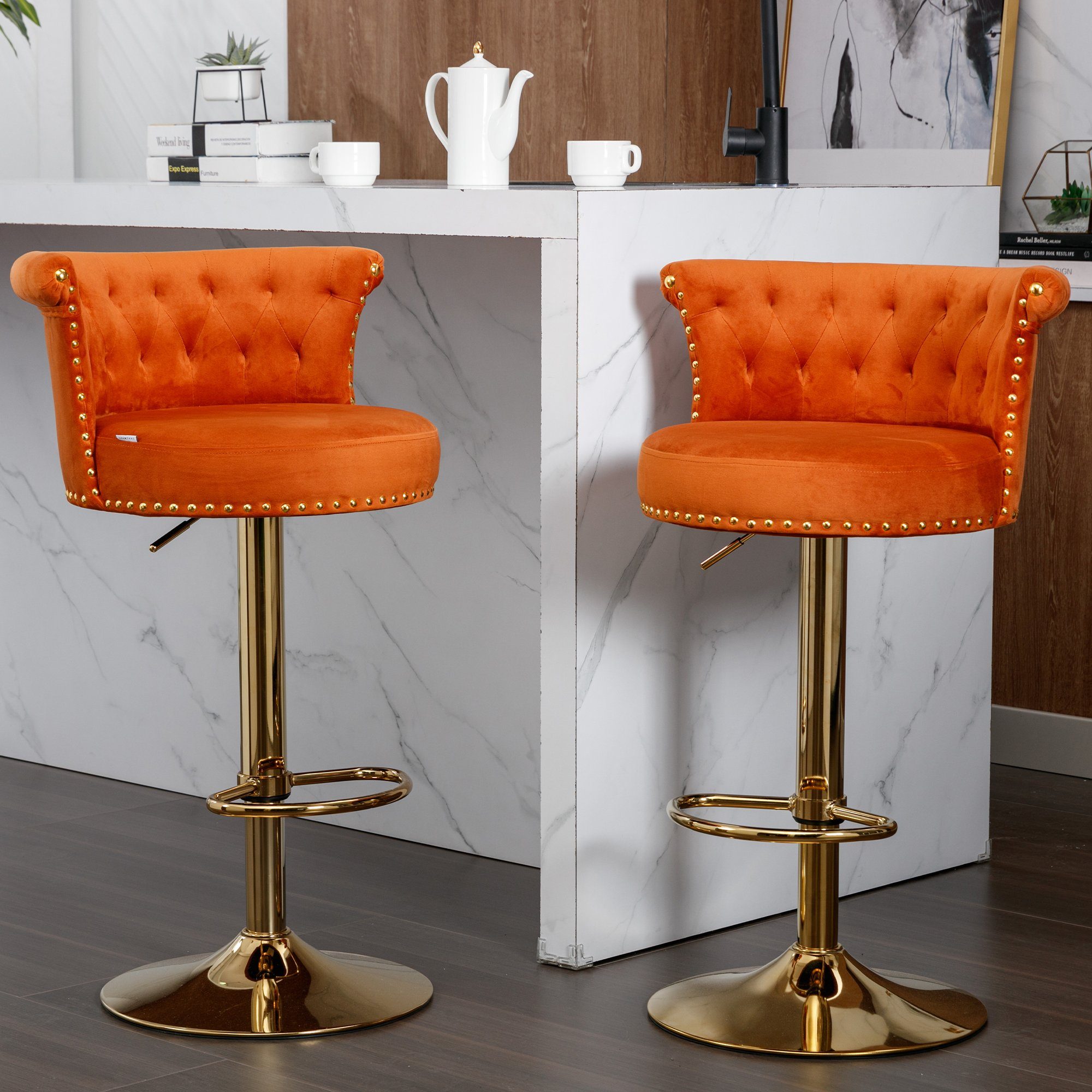 OKWISH Barhocker Barhocker Barstühle Tresenhocker 2PC/ setzen, Höhenverstellbar (mit Fußstütze für Küche, Esszimmer) Orange