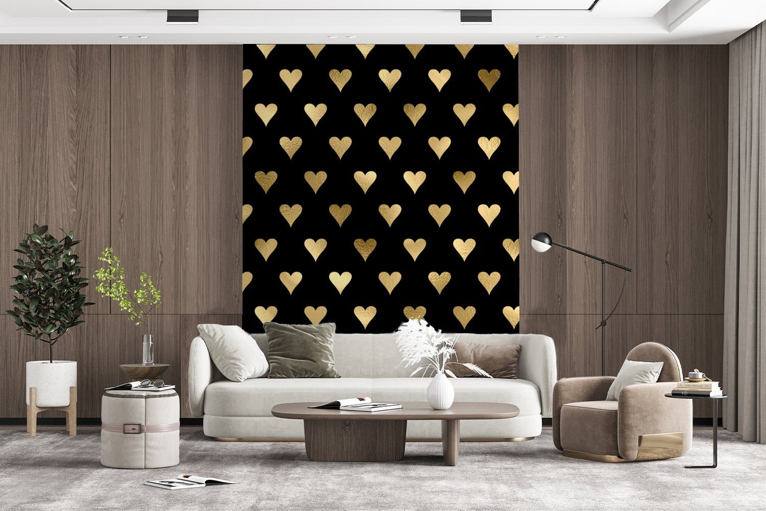 Herz - für Muster, - MuchoWow Luxus Gold Wohnzimmer, Vinyl bedruckt, Montagefertig Schwarz - Fototapete - (4 Matt, St), Wandtapete Tapete