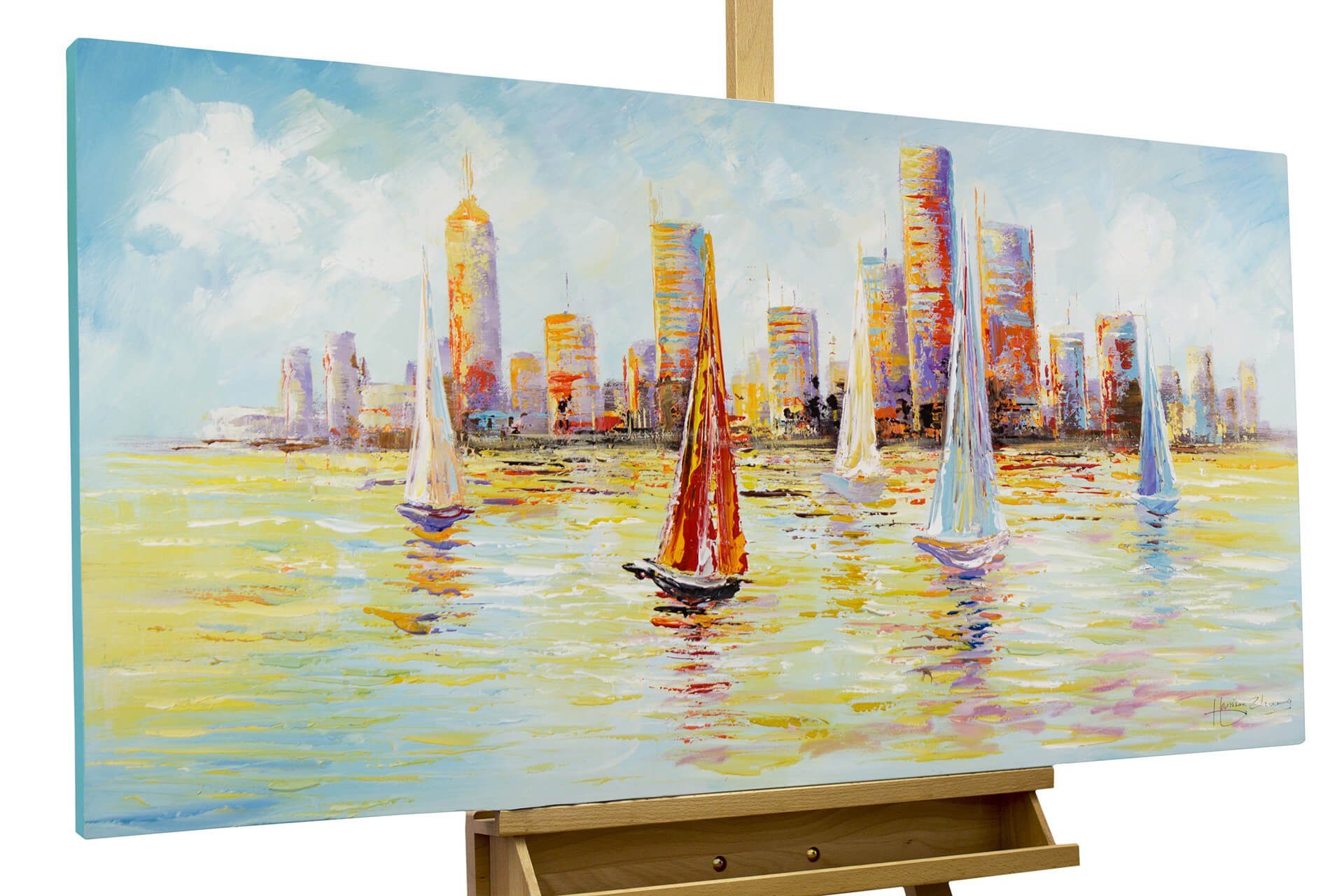 KUNSTLOFT Картина Skyline Sailing 120x60 cm, Leinwandbild 100% HANDGEMALT Wandbild Wohnzimmer