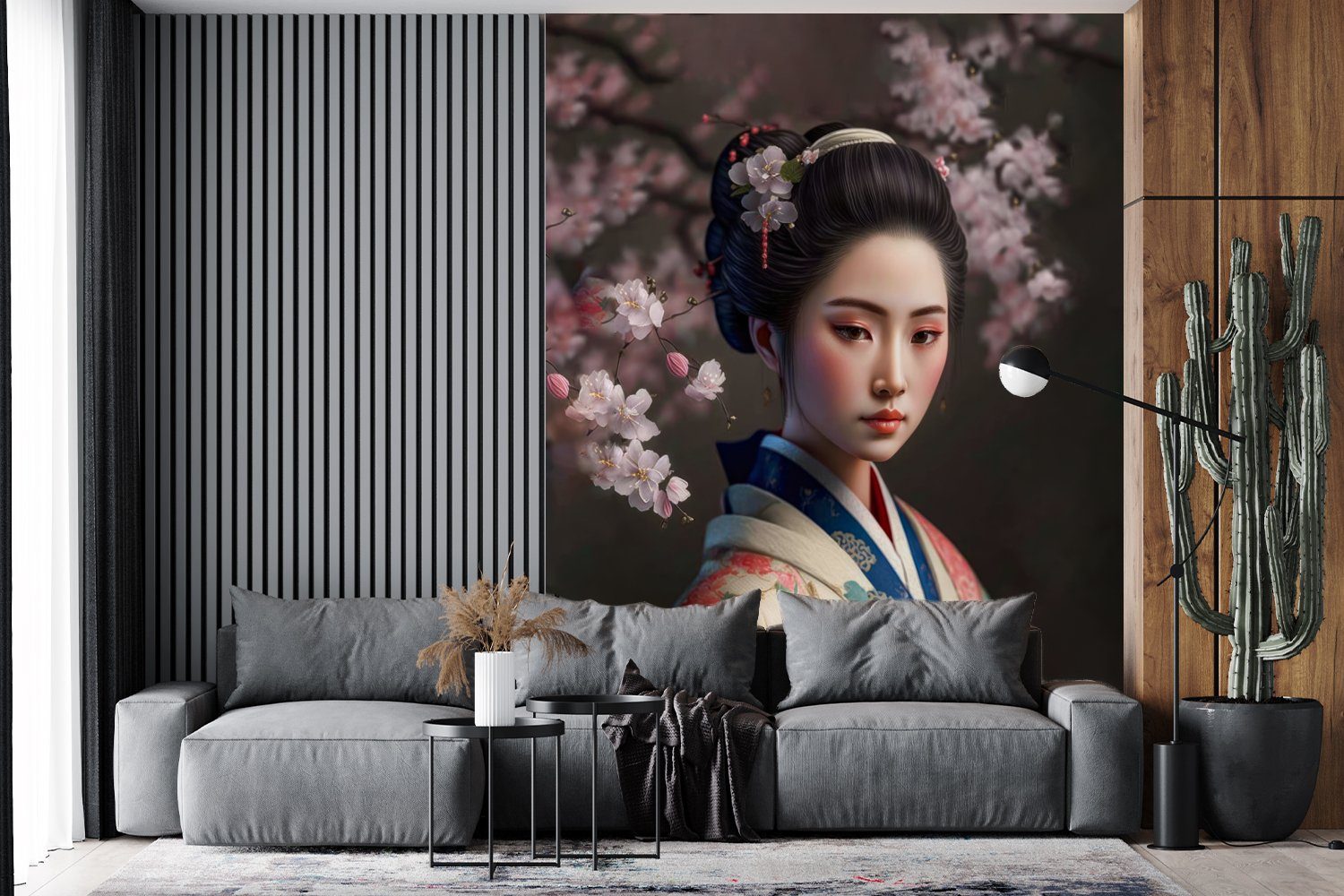 Fototapete Wohnzimmer, Montagefertig MuchoWow Kimono - Tapete für Frau St), Asiatisch Vinyl - Matt, bedruckt, Porträt, Wandtapete - Sakura - (4