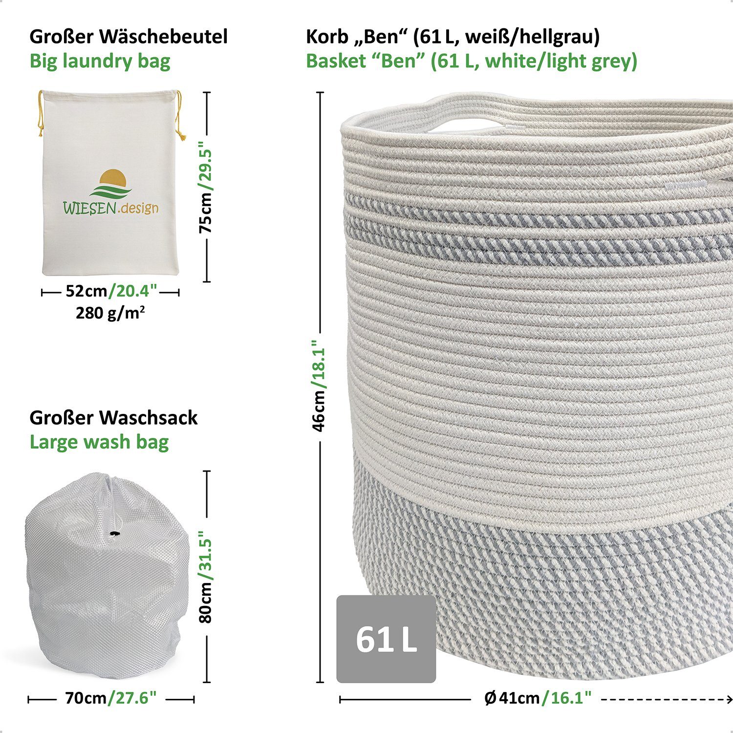 WIESEN.design Wäschekorb 100% Hellgrau/Weiß Wäschesack, Versand schwerem inkl. Ø41xH46 gratis Ben geflochten, Aufbewahrungskorb Waschsack großem 61L, cm und Baumwolle