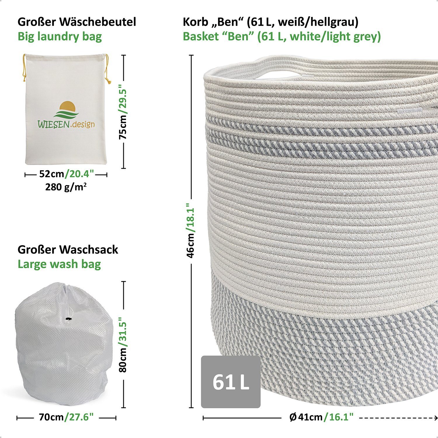 Wäschekorb Baumwolle, Ben Versand Waschsack Aufbewahrungskorb schwerem geflochten, cm und Ø41xH46 großem Hellgrau/Weiß gratis inkl. 100% 61L, Wäschesack, WIESEN.design