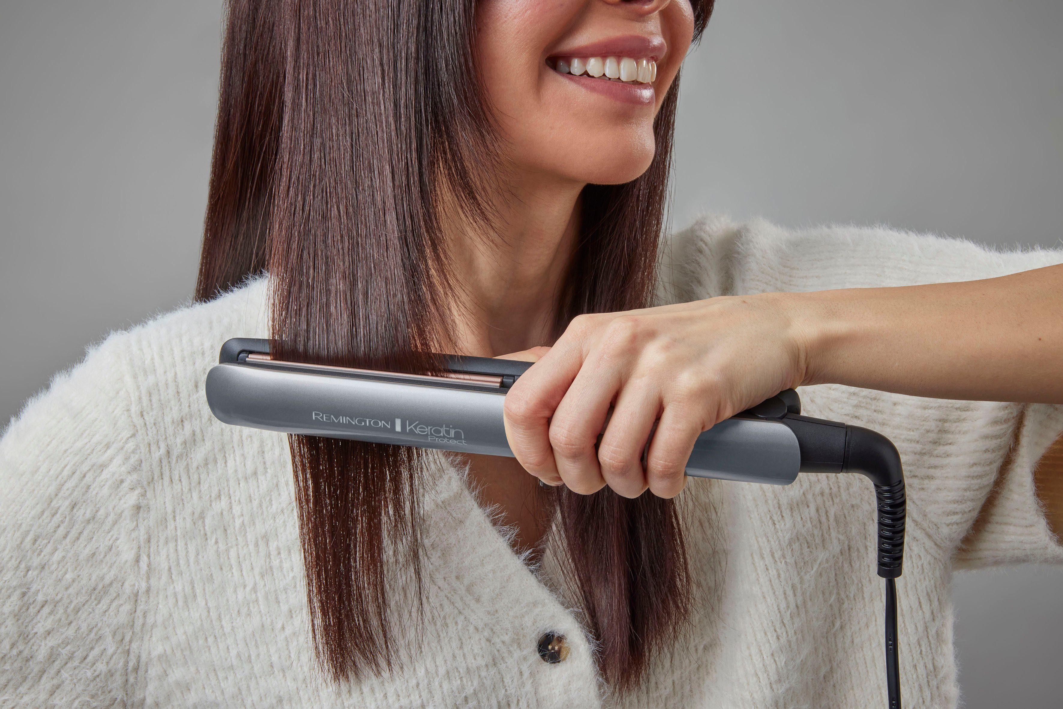 Remington Glätteisen Keratin Protect, S8598, Haarglätter Keramik-Beschichtung mit Keratin und Mandelöl, 3 x mehr Schutz/Hitzeschutzsensor,haarschonend