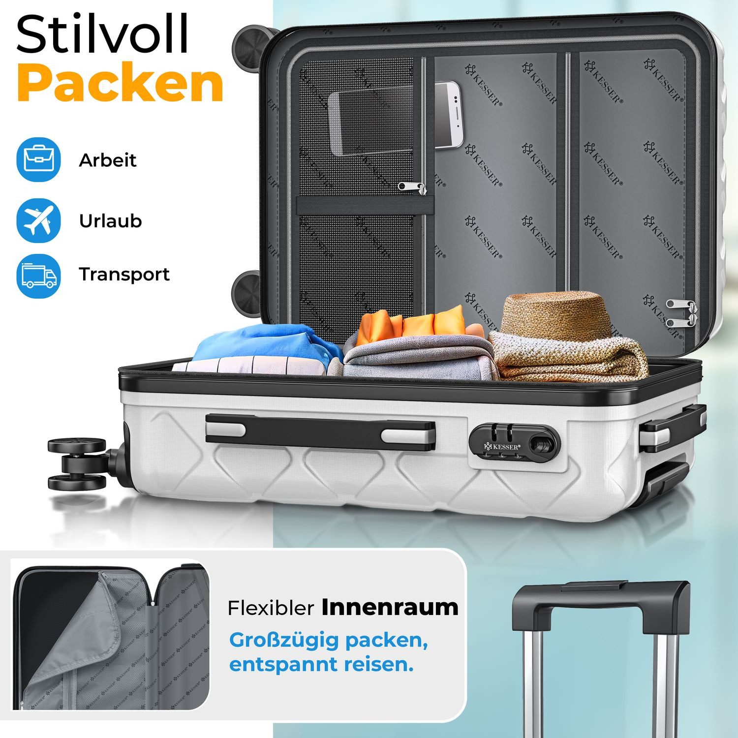 KESSER Hartschalen-Trolley Reisekoffer, 4 Rollen, ABS Hartschalenkoffer mit Zahlenschloss Kofferwaage & Reisebrieftasche