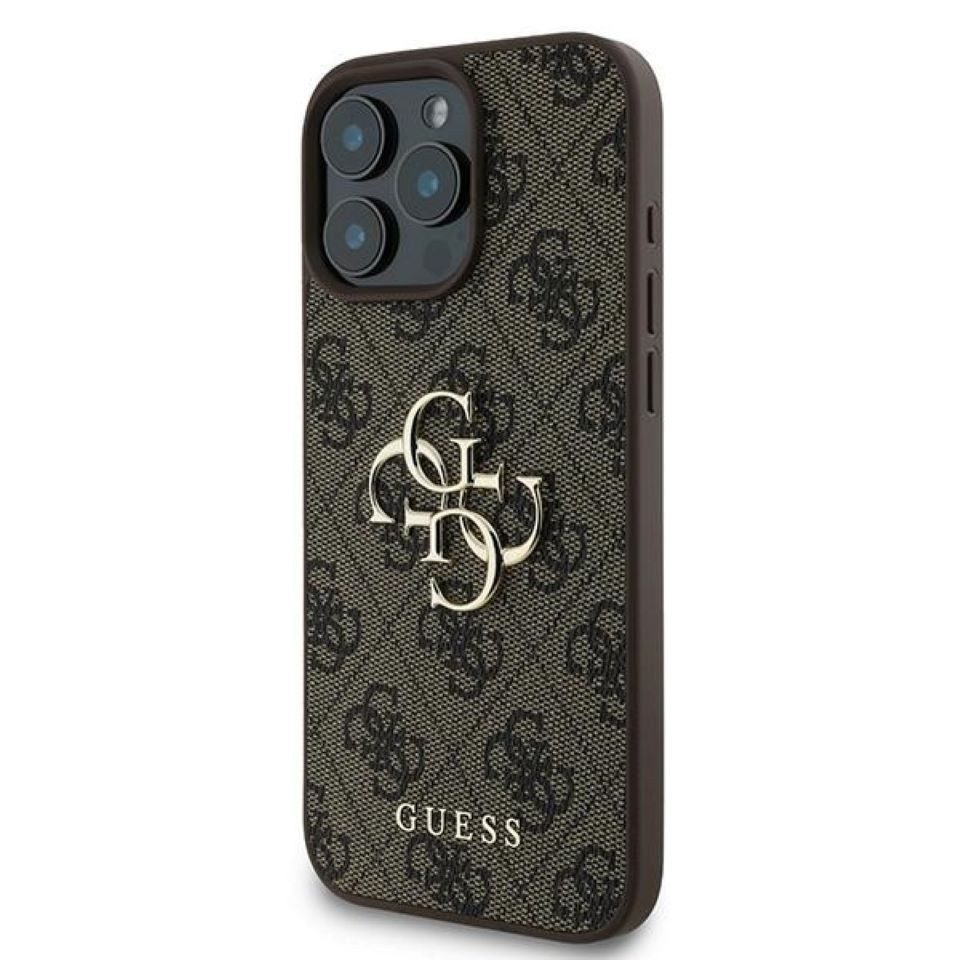 Guess Handyhülle iPhone 16 Pro braun Big Logo goldfarben Metall 6,3 Zoll, Kantenschutz