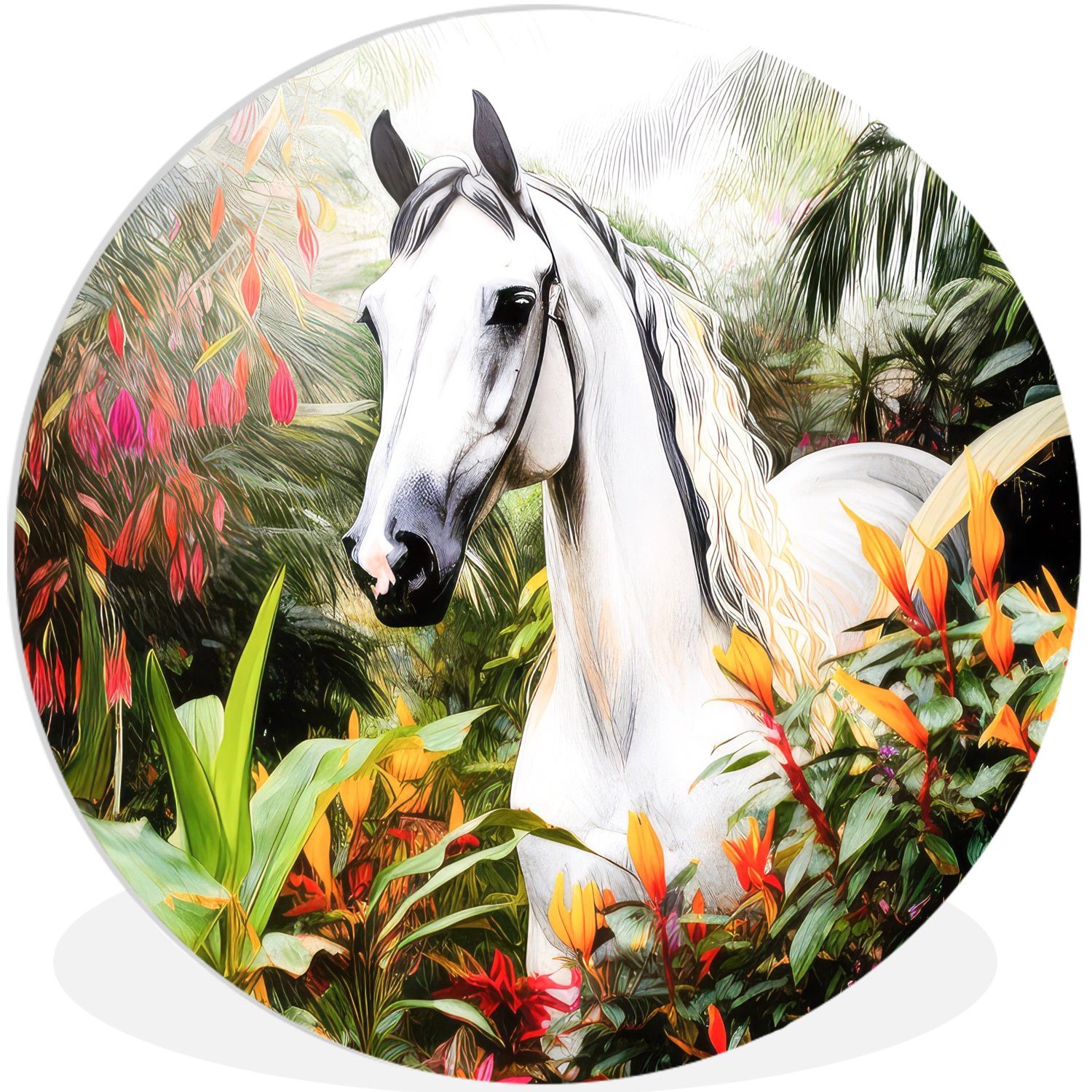 Weiß 30x30 Kreis Wanddekoration MuchoWow - - St), Pferd Blumen cm Gemälde Wandbild, Wald Forex, Rundes Wohnzimmer, - Pflanzen, (1 -