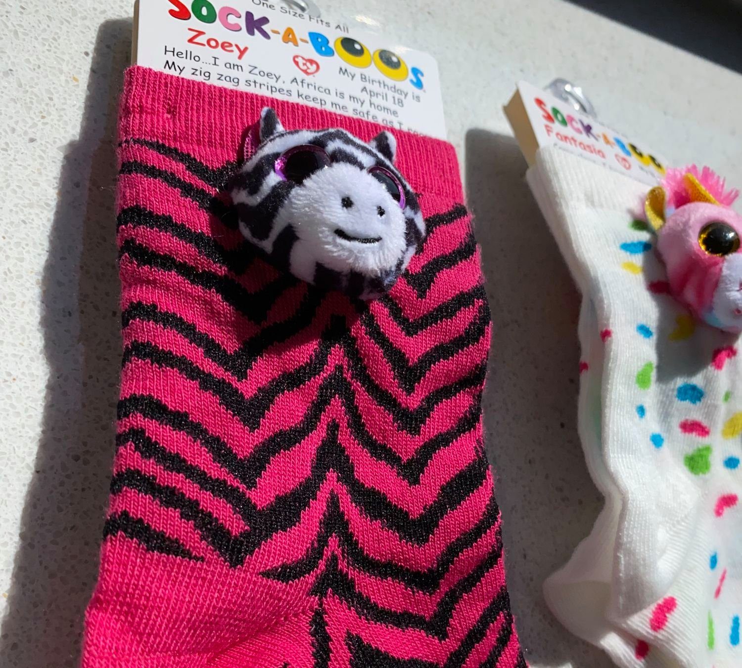 coole-fun-t-shirts Feinsocken 6-12 Fashion Socken pink Doppelpack TY + Einhorn Mädchen SOCK-A-BOOS + Jahre Kuscheltier Zoey Socken 3D + Fantasia Zebra beige