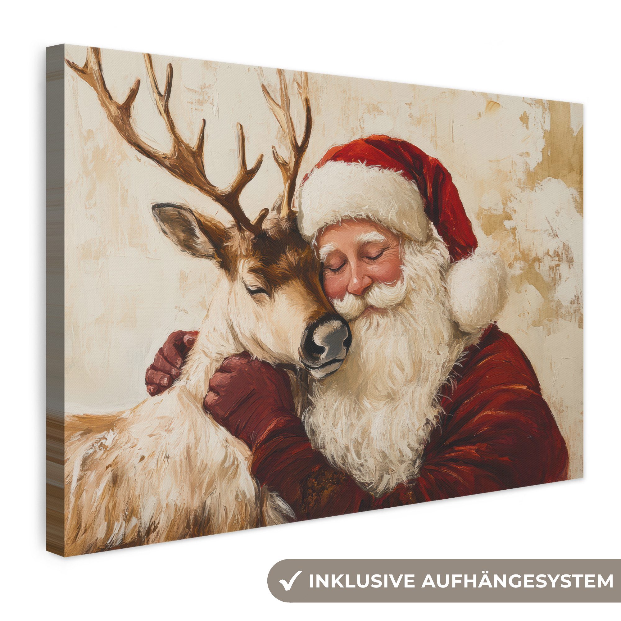 OneMillionCanvasses® Leinwandbild Weihnachtsmann - Rentier - Weihnachten, Fotodruck (1 St), Leinwand Bilder Klein, Wand Dekoration Aesthetic 30x20 cm