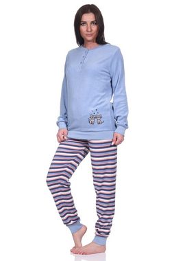 Normann Pyjama Damen Frottee Pyjama, Schlafanzug langarm mit süßem Katzen-Motiv