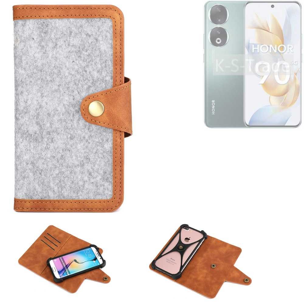 K-S-Trade Handyhülle für Honor 90, Handyhülle Schutzhülle Filz-Hülle Kunst-Leder hellgrau braun