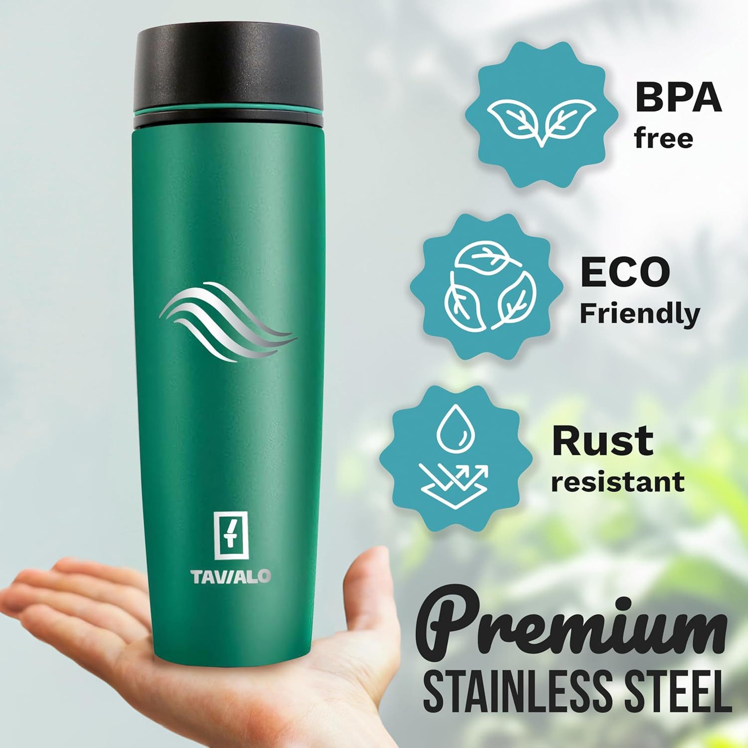 TAVIALO Isolierflasche 460ml smaragdgrün matt Inox Edelstahl,Pulverbeschichtung, Kaffeebecher, ideal für Reisen, Schule, Camping, Wanderungen, beim Sport