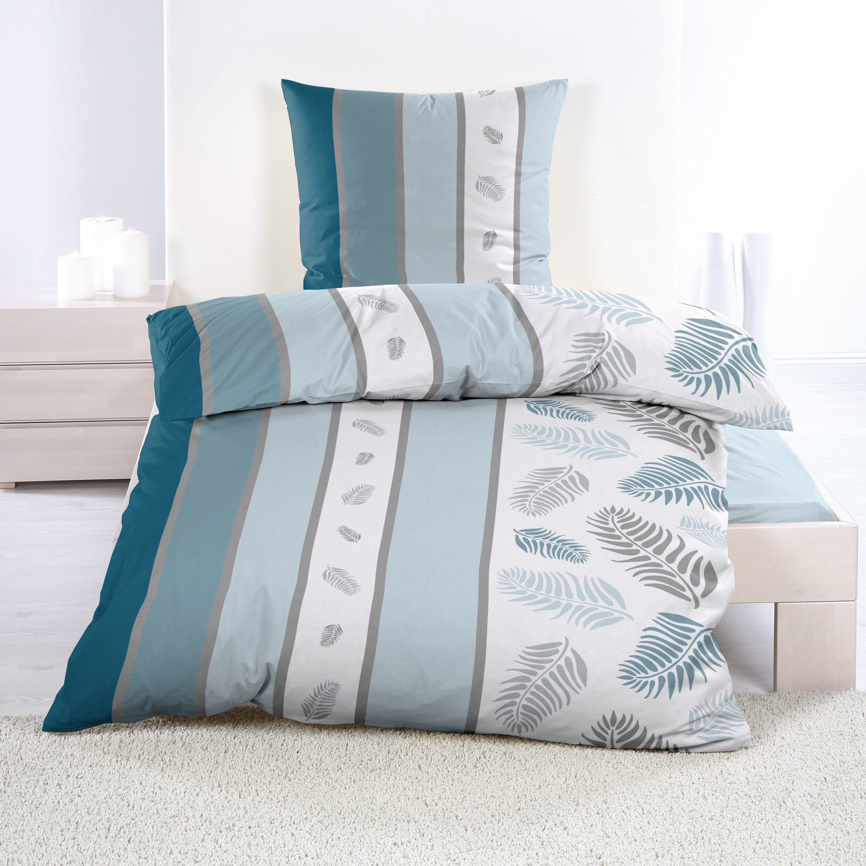 Casa Colori Bettwäsche Biber 135x200cm Petrol Streifen & Federn, Biber, 2 t günstig online kaufen