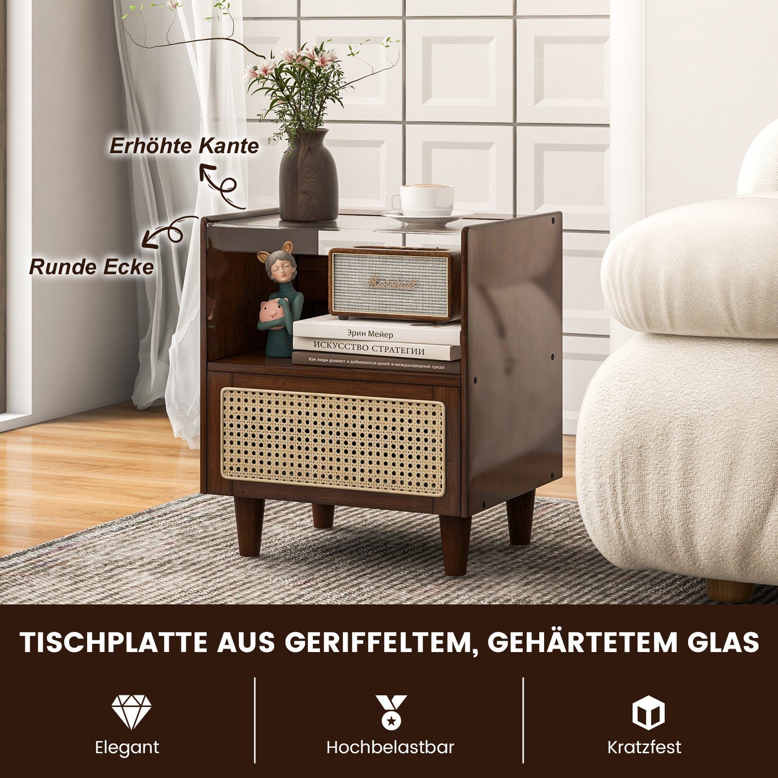 COSTWAY Nachttisch (1-St), mit Schublade und Glastischplatte, aus Bambus & Rattan
