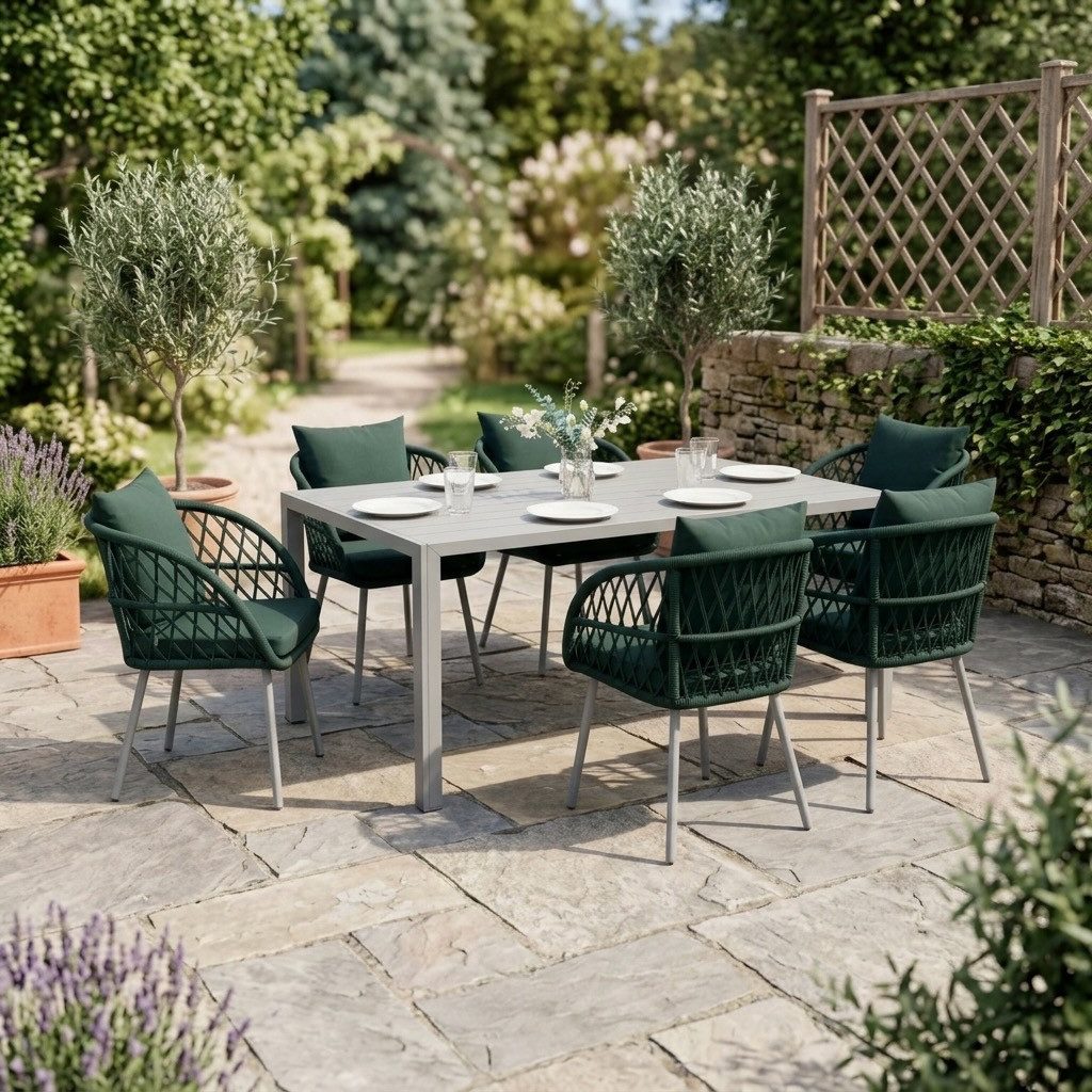 MCW Garten-Essgruppe Essgruppe Garten Alu Essgruppe Set Tisch mit 4 / 6 Geflecht Stühlen, (7-tlg)