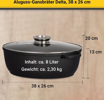 Krüger Bräter Aluguss Gansbräter mit Glasdeckel und Aromaknopf DELTA, 38x26x13 cm, Aluminiumguss (1-tlg), für Induktions-Kochfelder geeignet