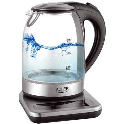 JUNG Wasserkocher ADLER AD1293, Wasserkocher mit Temperatureinstellung 40-100°C Digital, 1,7 l, 2200,00 W, Glas mit Edelstahl, LED Beleuchtung & LCD Display, 360° Basis, Kettle