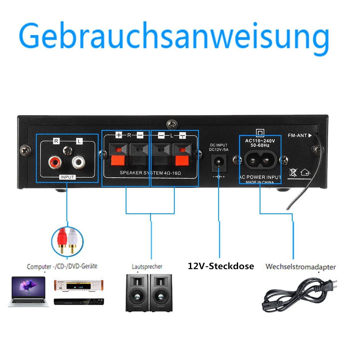 Insma Audioverstärker (2-Kanal 600W Digital Audio bluetooth Verstärker HiFi Stereo Amplifier) – Bild 5 von 5