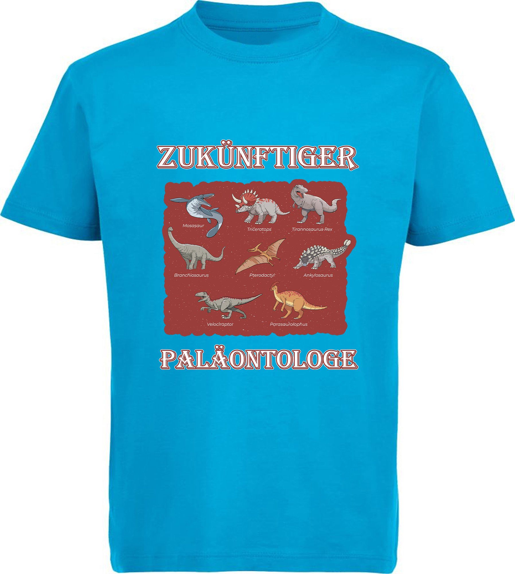 Kinder aqua blau MyDesign24 Dino vielen T-Shirt Baumwolle T-Shirt mit i50 bedrucktes Paläontologe mit Aufdruck, Dinosauriern 100%