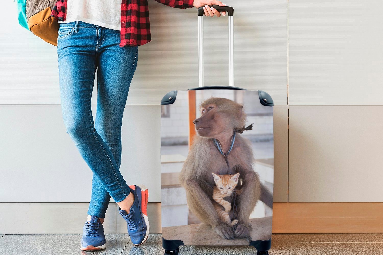 MuchoWow Handgepäckkoffer Affe - Trolley, mit Reisetasche Ferien, Katze Handgepäck Rollen, - Reisekoffer rollen, für 4 Kette
