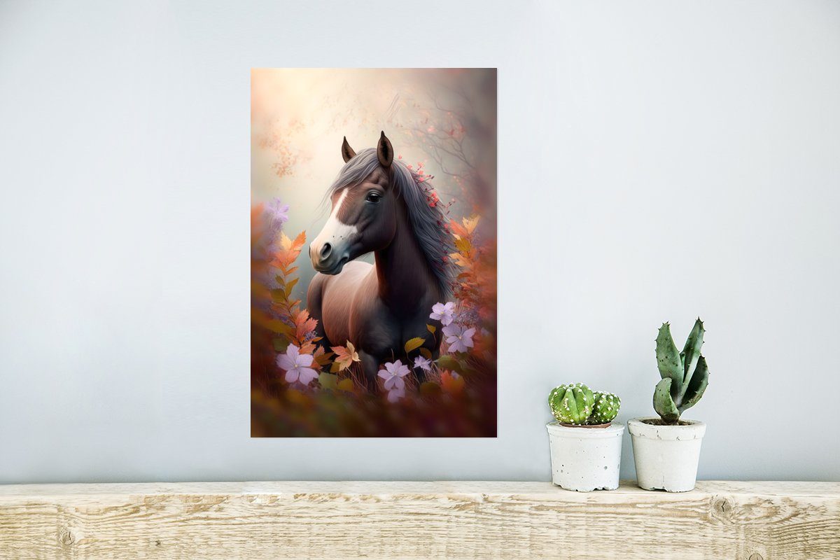 MuchoWow Poster Pferd - Blumen Rahmen Natur Wandbild, Ohne Wohnzimmer, (1 Poster, für - Tiere, Wandposter Lila - - St)