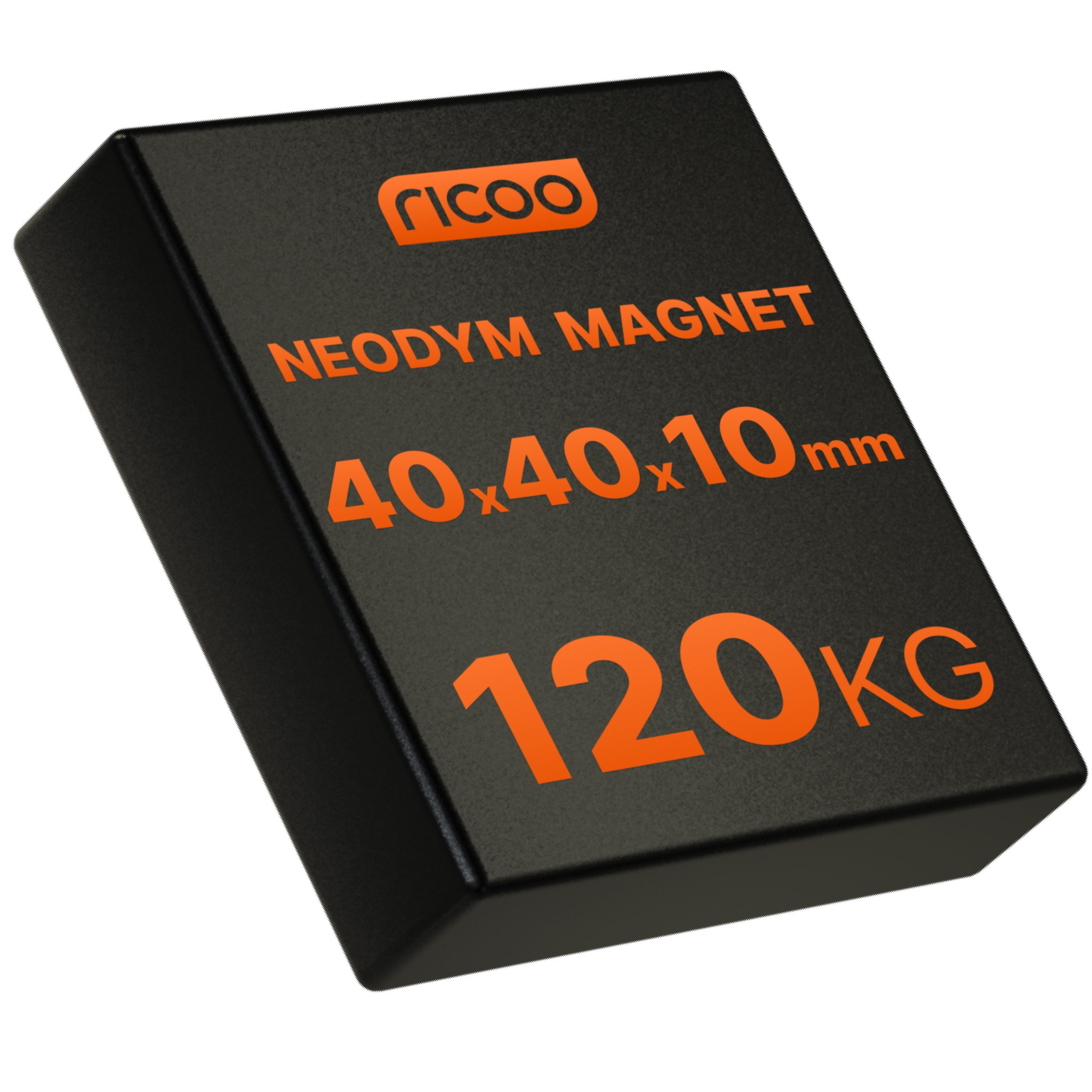 RICOO Magnet Neodym Magnet Extra Starke NEODYMMAGNET (1-St., 40x40x10 mm N45 quader Haftkraft bis 120Kg silber), Quadermagnet sehr starker Quader Breite x Tiefe x Höhe 4 x 4 x1 cm