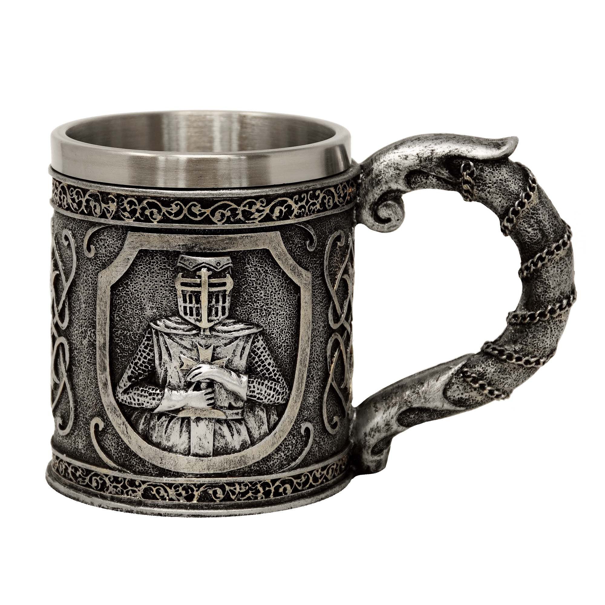 MystiCalls Bierkrug Ritterkrug Kreuzritter Silber - Bierkrug Krug Ritter Mittelalter, Polyresin mit Metalleinsatz, 400ml Fassungsvolumen