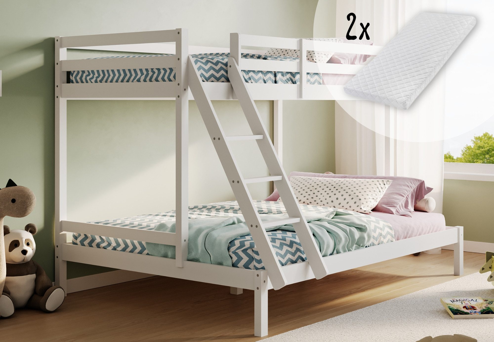 Kids Collective Hochbett 140x200 Etagenbett, EN 747-Zertifizierung und platzsparendem Design Stockbett 206x147x145 cm, mit Matratze, weiß