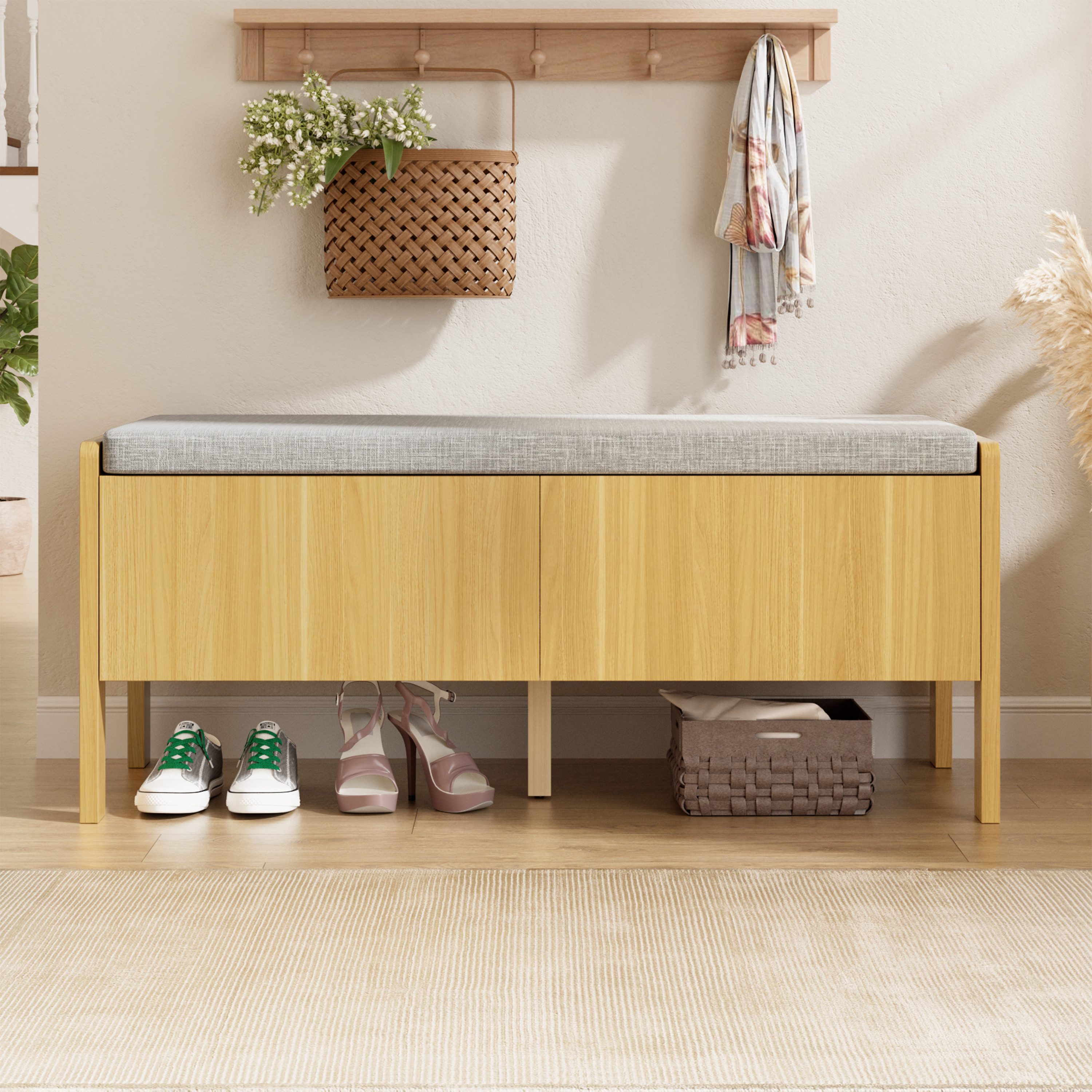 Flieks Polsterbank Schuhbank mit 2 Schubladen, Seitenteile mit Rattan-Geflecht (1-St., B113×H45,5×T40 cm), Sitzbank Holzoptik Aufbewahrungsbank mit Sitzkissen Natur
