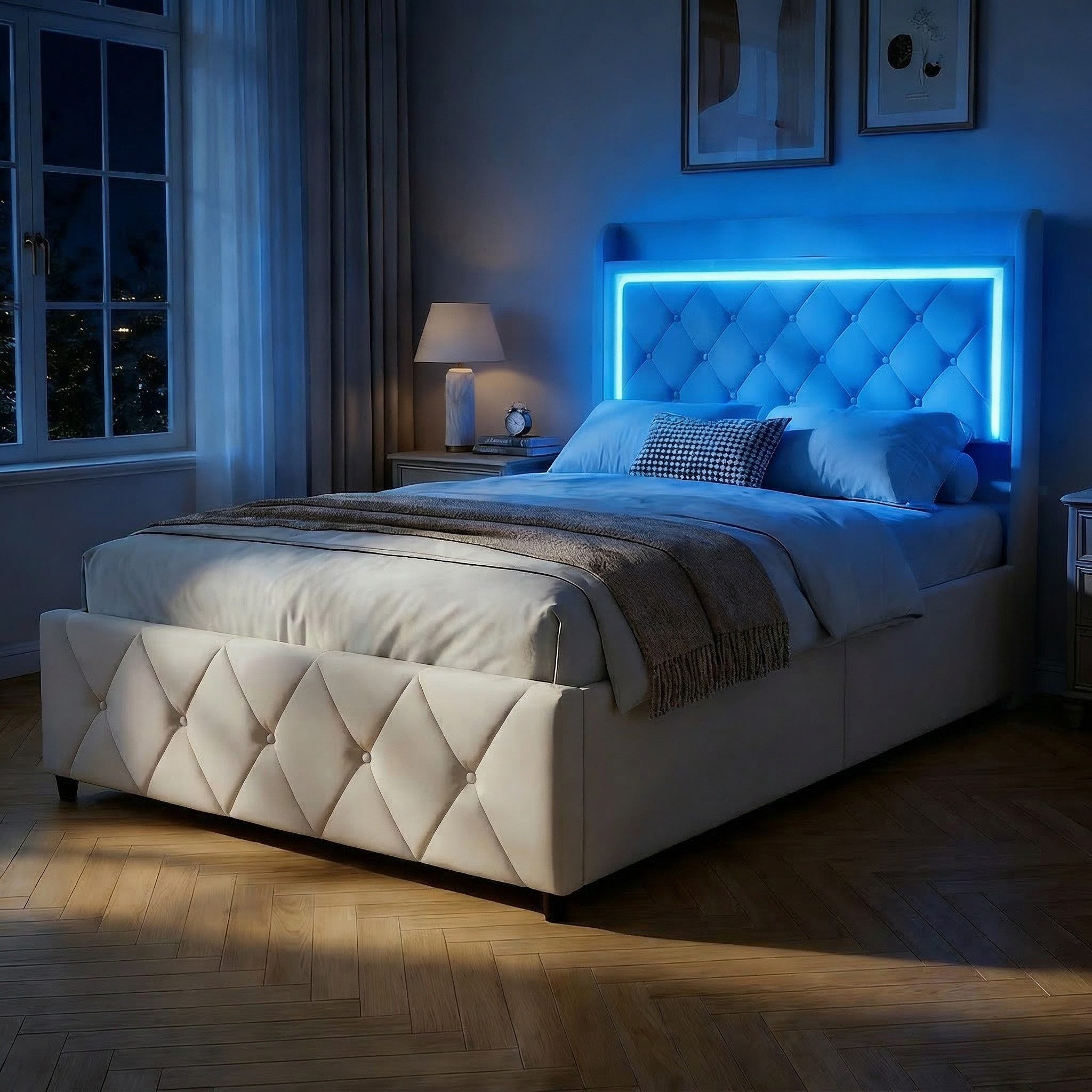 Furnishings Home Polsterbett LED Doppelbett 140x200cm, Stauraumbett mit Kopfteil und 4 Schubladen (Samtmaterial Polsterbett mit RGB Beleuchtung), mit Lattenrost und Ladefunktion, mit Komforthöhe, Leises Design Bett